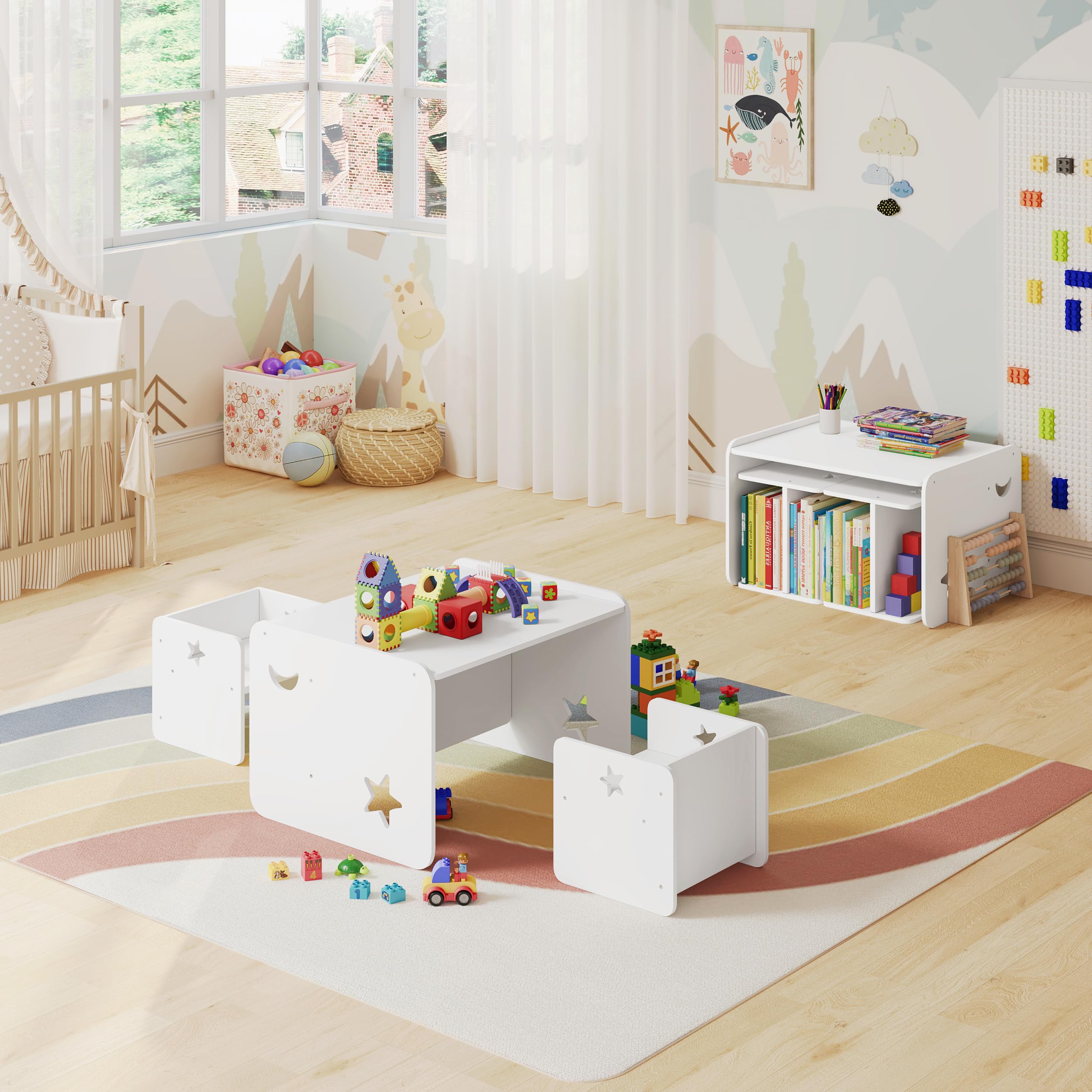 WOLTU Ensemble de Table et Chaises pour Enfant, Table Enfant avec 2 Chaises, pour Crèche, Jardin d'enfants, Salle à Manger, Blanc