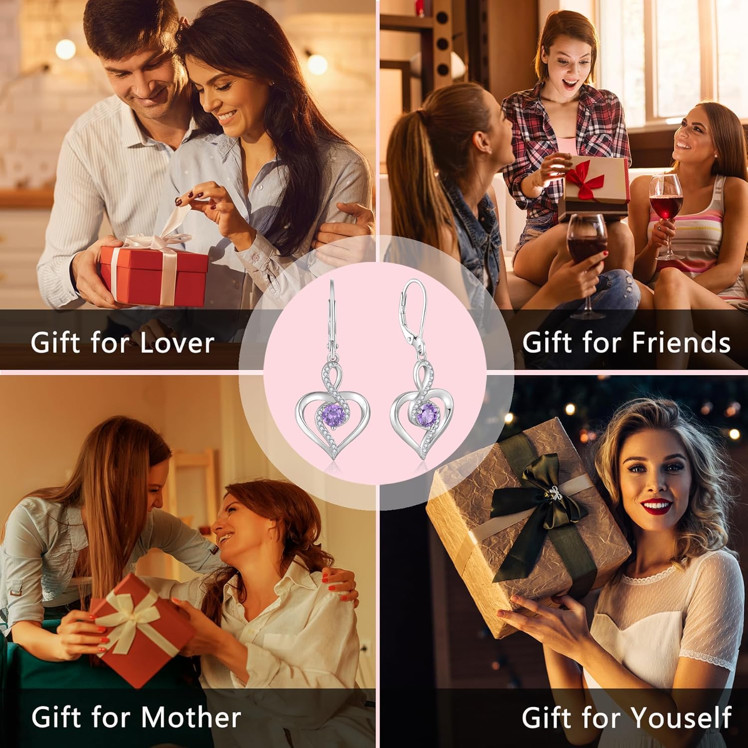 Heart Birthstone Dangle Earrings for Women, 925 Strlings Silver 5A Cubic Zircon Leveback Earrings Jewelry Birthday Gifts for Her