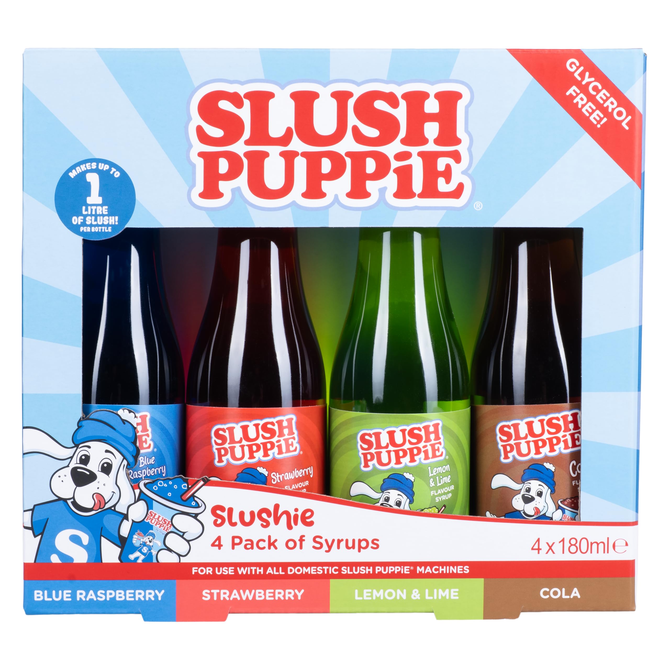 Zestaw syropów Slush Puppie 4 szt. 4 x 180 ml. Zawiera aromaty niebieskiej maliny, truskawki, coli i cytryny i limonki.