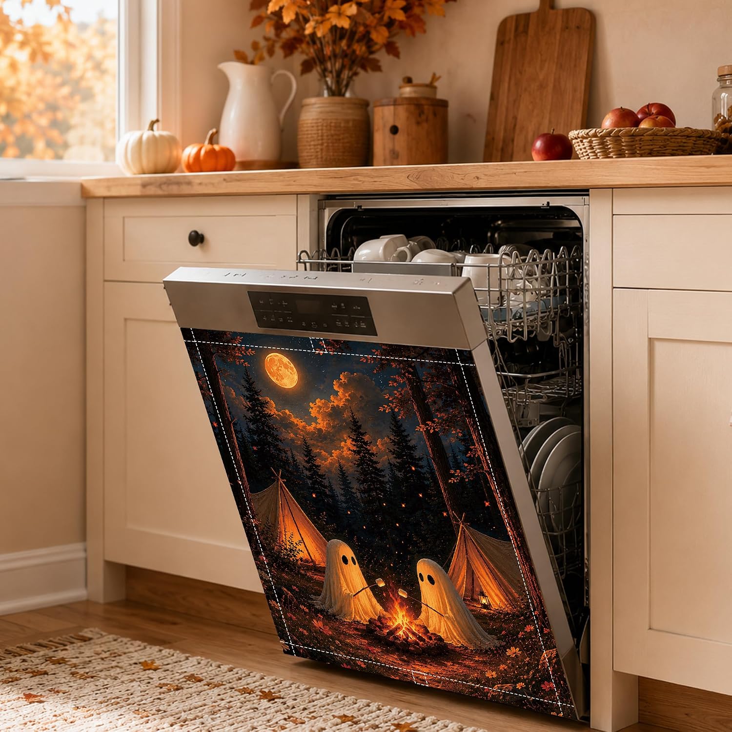 Fall Forest Halloween Camping Ghost Dishwasher Magnet Cover image 5