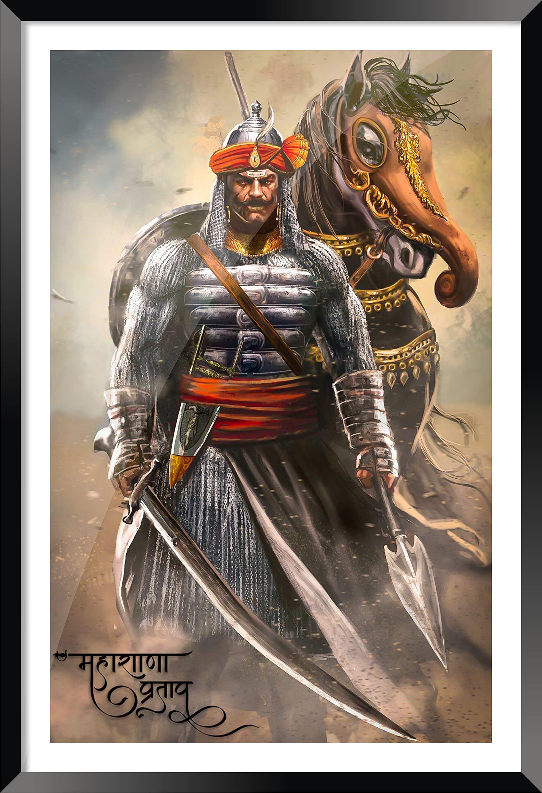 DBrush Presents Maharana Pratap Wall Framing Glass with Frame for Home Office Hall Decor (12 x 18 Inch) Synthetic Wood