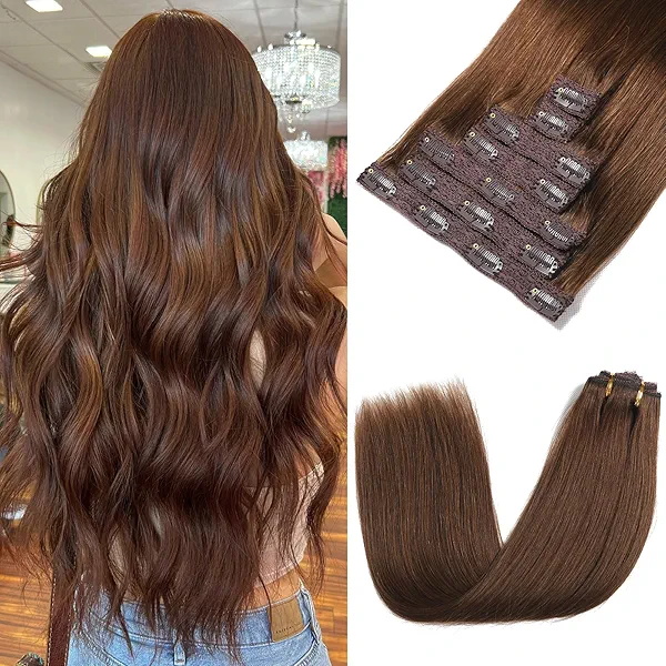 Rimoss Clip in Hair Extensions Real Human Hair - Chocolate Brown Color, 24 Inch 7pcs - Soft Remy Human Hair Clip in Hair Extensions Straight Double Weft for Women (#4 24 Inch)