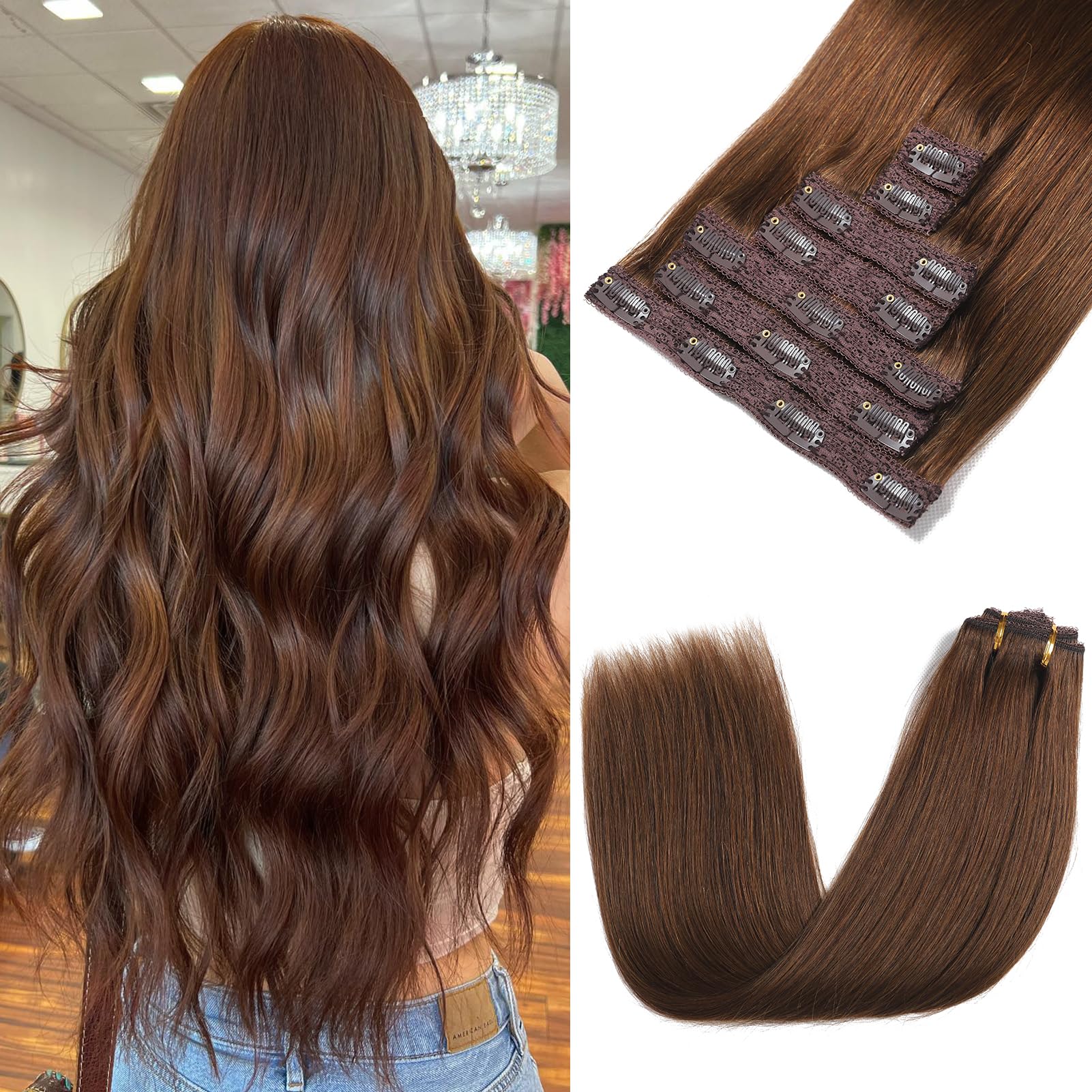 Rimoss Clip in Hair Extensions Real Human Hair - Chocolate Brown Color, 22 Inch 7pcs - Soft Remy Hair Extensions Real Human Hair Clip ins Straight for