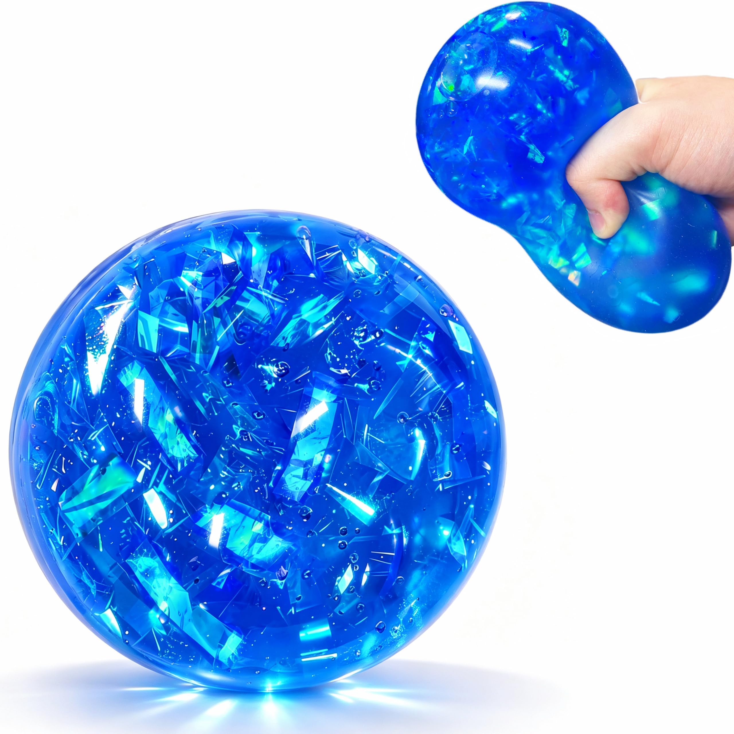 Giant Squishy Blue Squeeze Glitter Stress Ball for Kids & Adults, Jumbo Stress Squeeze Squish Ball, Sensory Fidget Toy for Anxiety Relief, Squishy Toys Party Favors & Easter Basket Stuffers