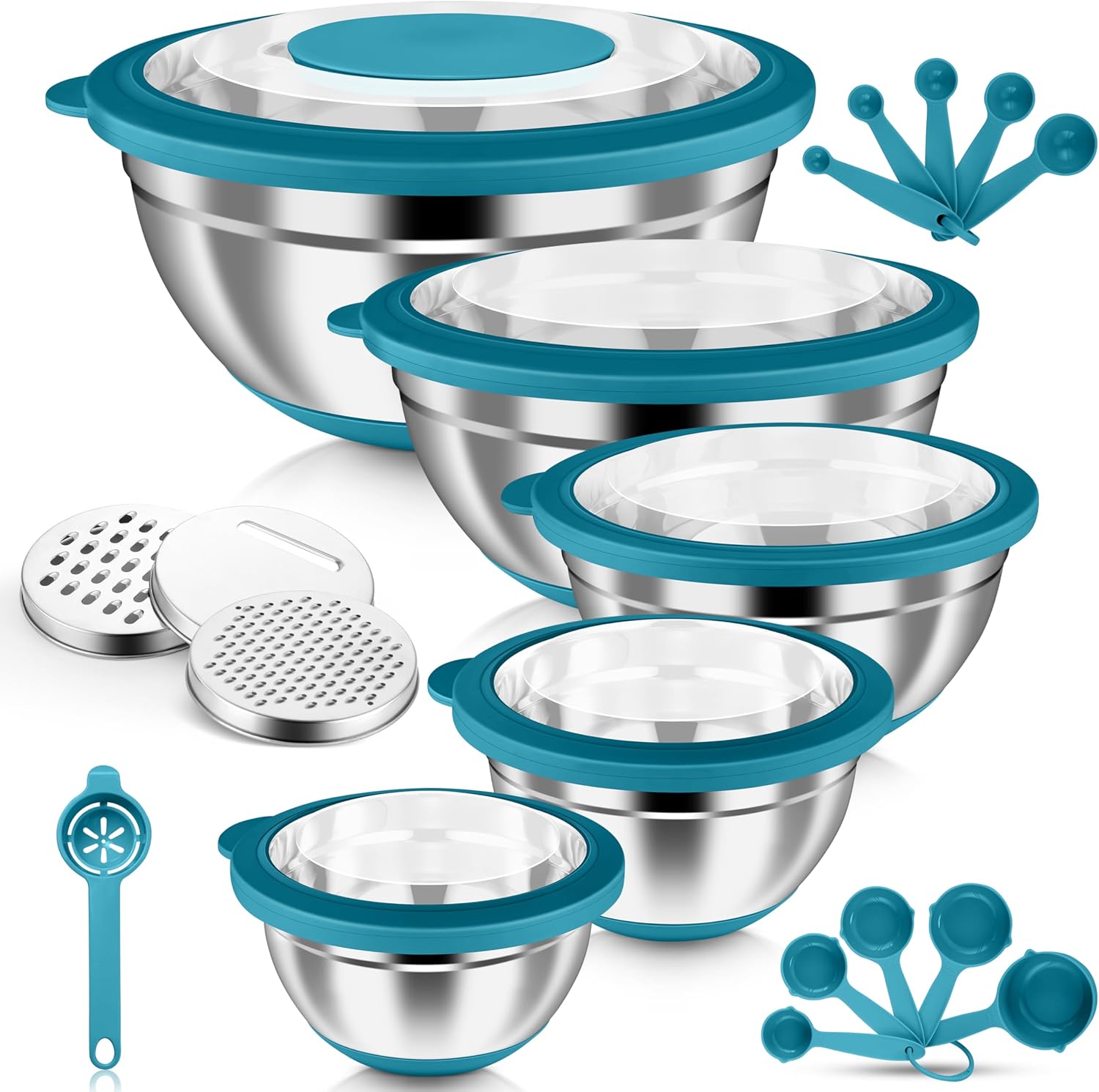 HaWare Mixing Bowls, 24-Piece Stainless Steel Salad Serving Bowl with Airtight Clear Lids, Metal Nesting Bowl For Kitchen Cooking Prepping Storing with 3 Graters, 4.6/2.6/1.5/1/0.7 QT, Teal Blue