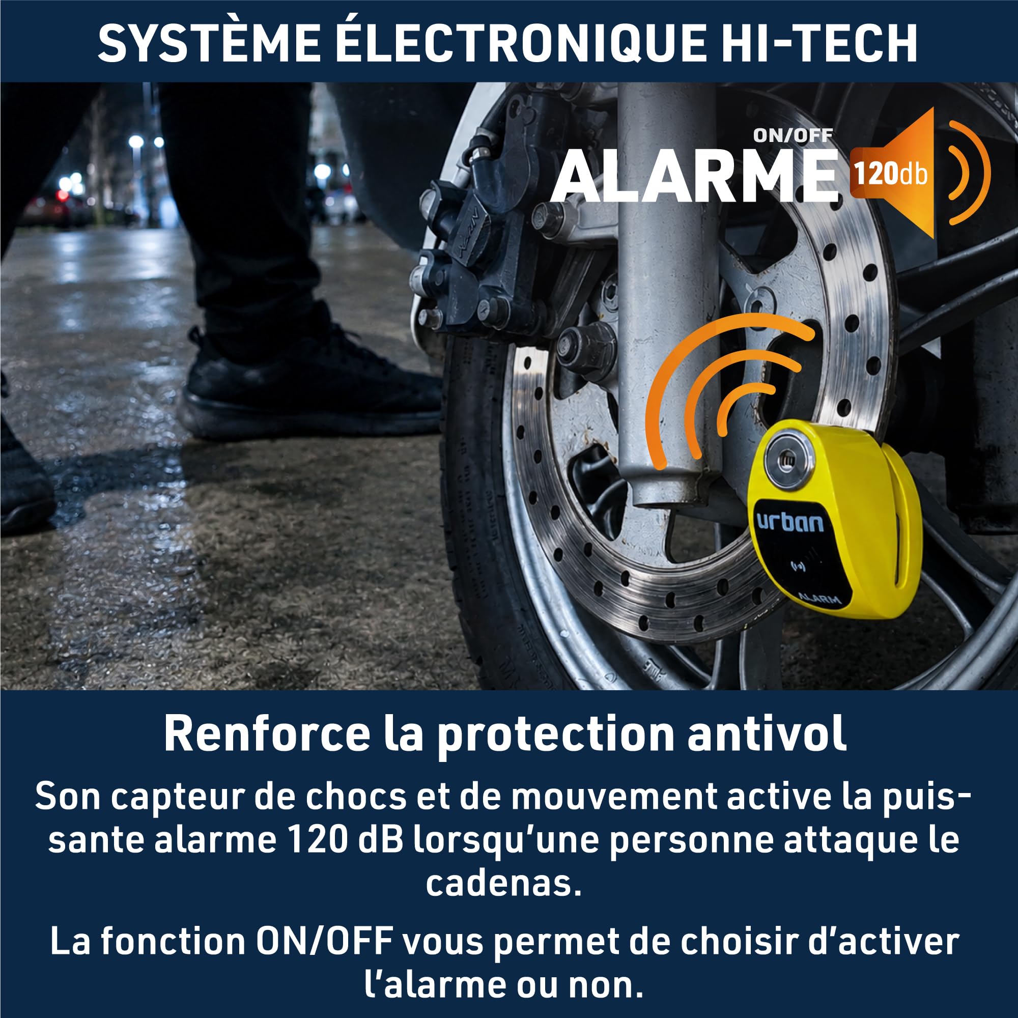 URBAN UR906Y Antivol Moto avec Alarme 120dB Hi-Tech X2 ON, Module Remplaçable Imperméable, Pile CR2, Câble Rappel, Antivol Pince Frein 6mm Universel pour Motos Scooters Vélos Électriques Trottinettes
