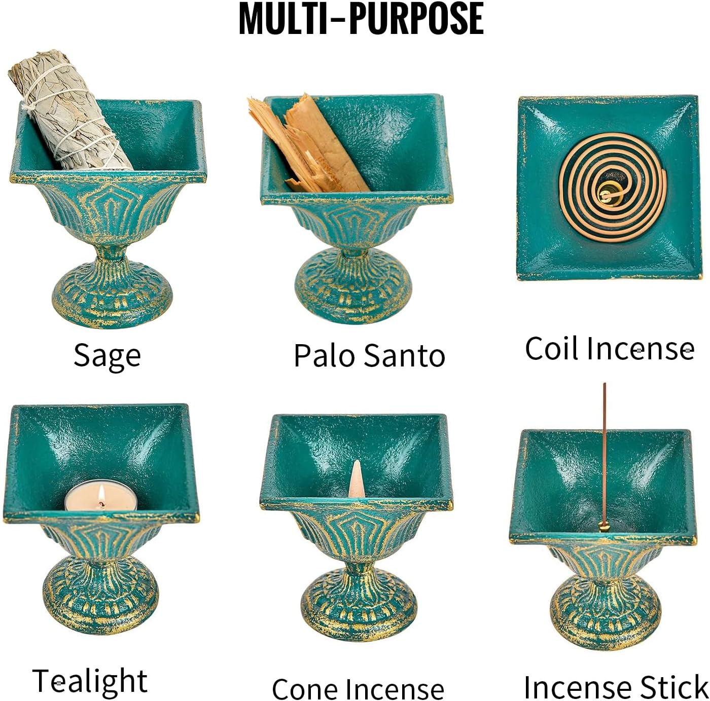 Sungmor Multi-Purpose Cast Iron Incense Holder, Incense Stick Burner Ash Catcher, Decorative Vintage Heavy-Duty Holder for Burning Incense Stick & Cone, Bakhoor, Sage Cones, Beautiful Incense Burner