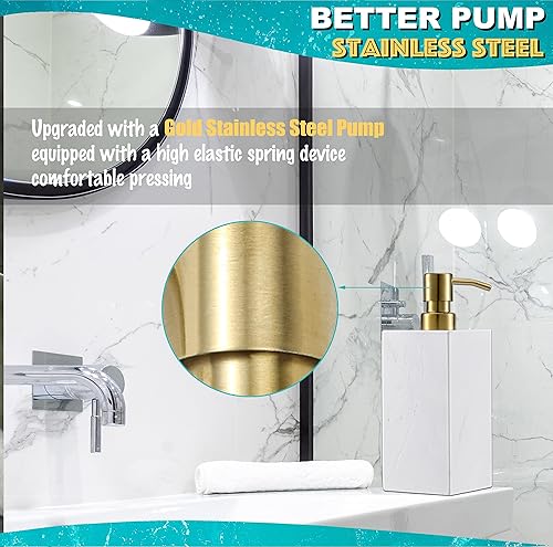 Miniatura 3 de LAGOM HOUSE Dispensador de jabón de mármol con parte superior de bomba de acero inoxidable dorado, piedra natural italiana blanca, dispensador de