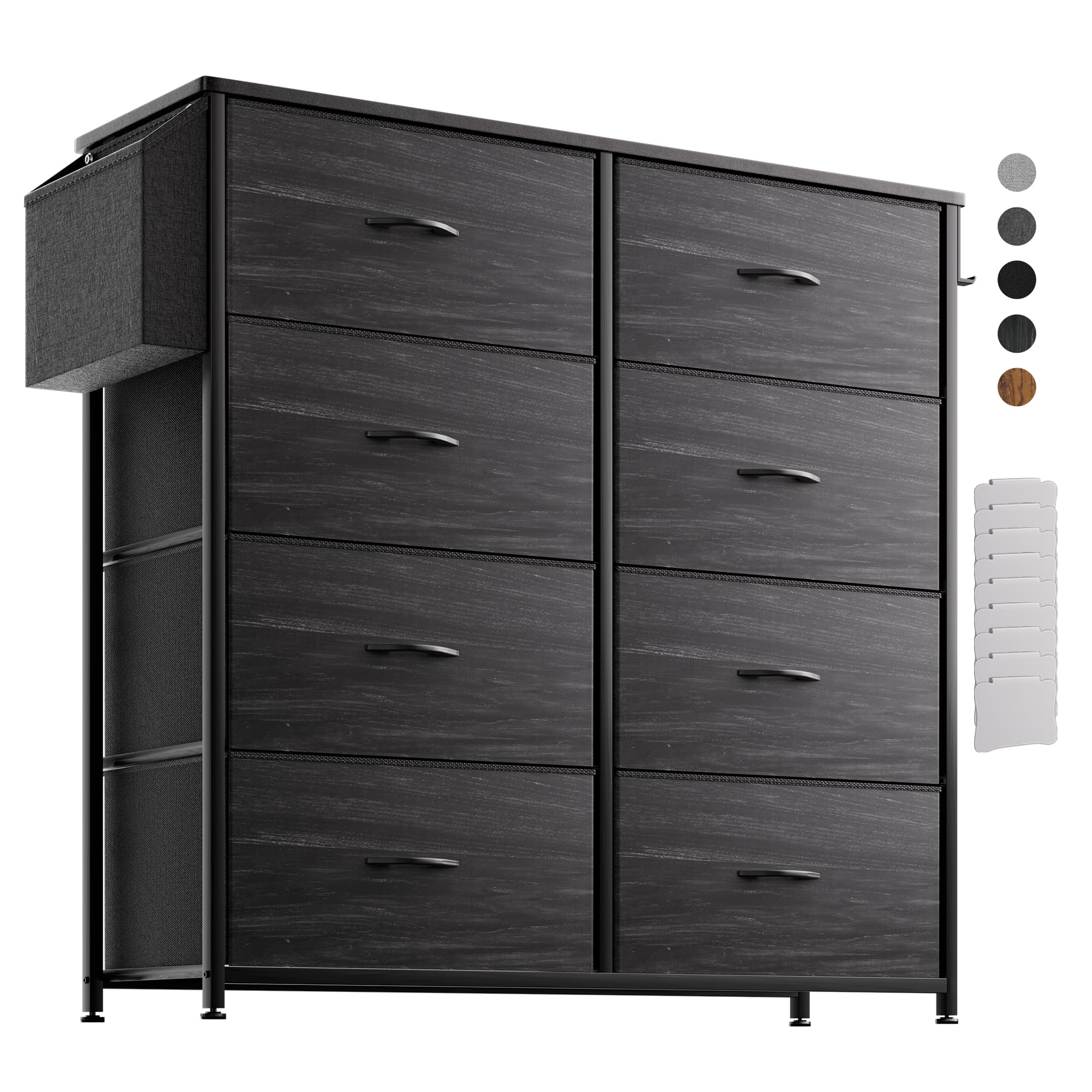 PURFINO Kommode mit Stoffschubladen - Geruchsfreie Stoffkommode aus Canvas mit 8 großen Schubladen, Etikettenkarten, Seitentasche & Haken für Wohnzimmer, Flur, Schlafzimmer