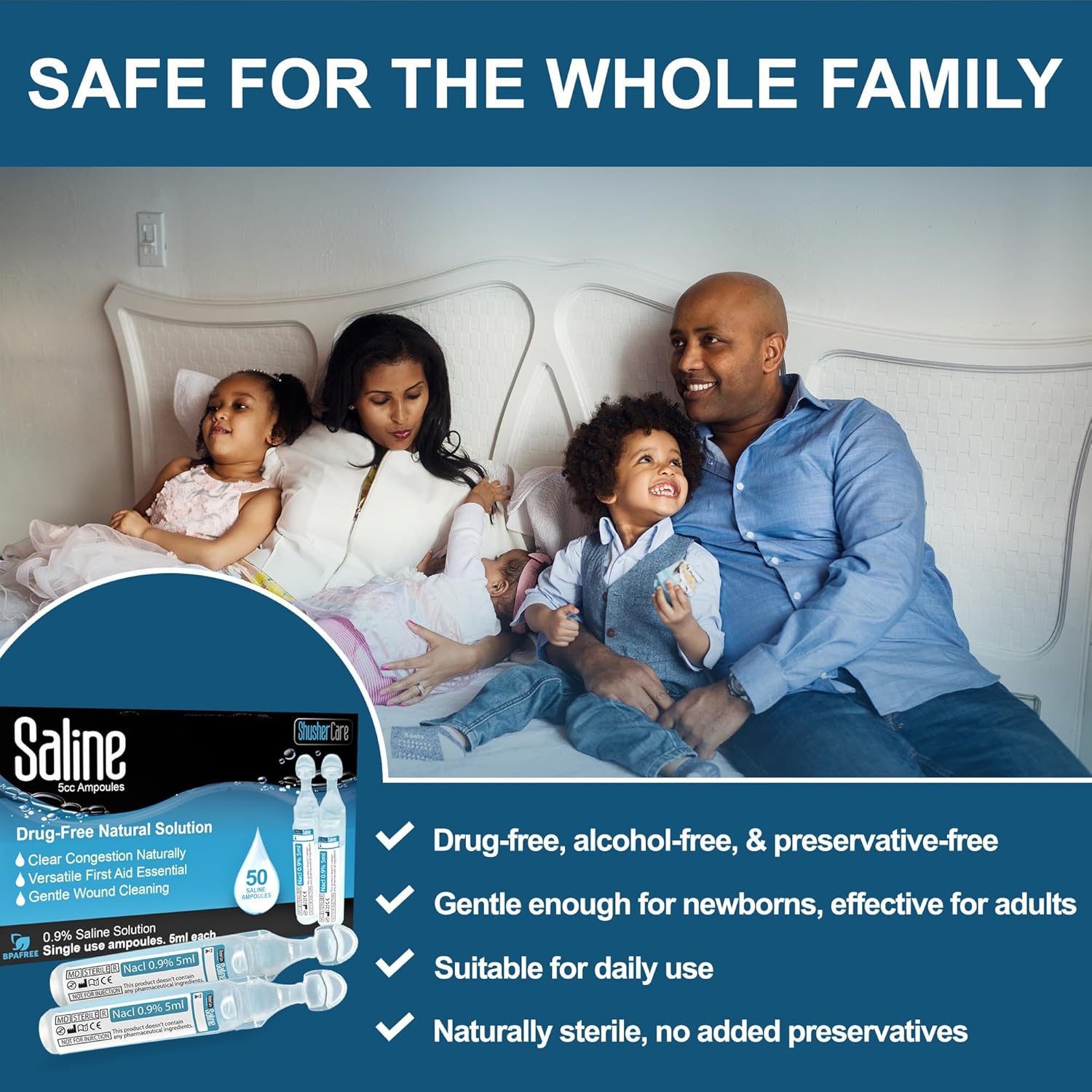 Saline Ampoules - Saline Solution, Sodium Chloride 0.9%, Nasal Cleanse for Babies, Kids, & Adults, Sterile Nasal Care, Wound Cleansing - 100 Count (5ml Each)