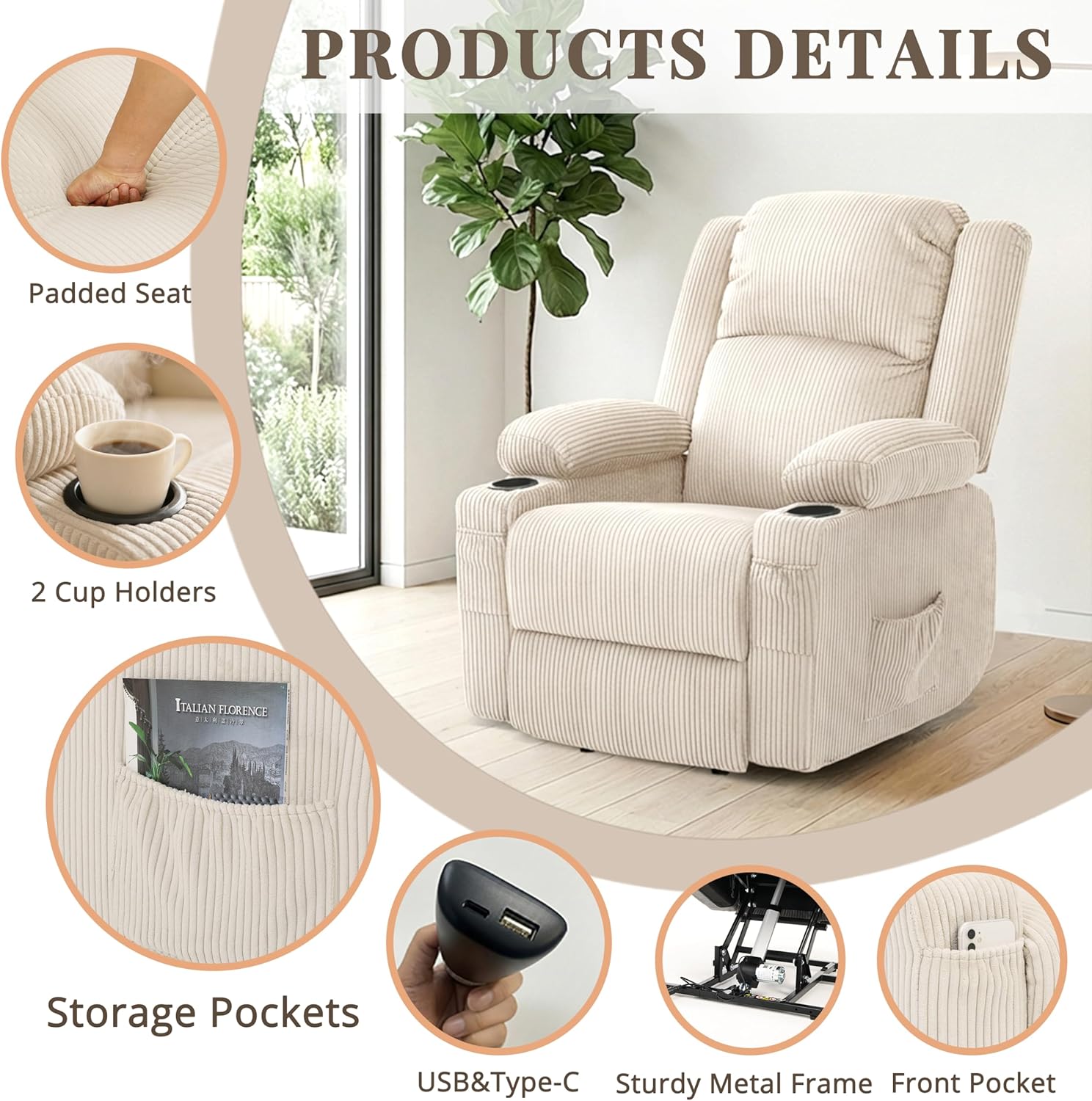Heavy Duty Power Lift Recliner Chair for Elderly, 400lbs Capacity Massage and Heat Recliner, Soft Corduroy 160° Reclining Electric Stand Up Chair, USB & Type-C, Memory Foam, Cup Holders (Beige)