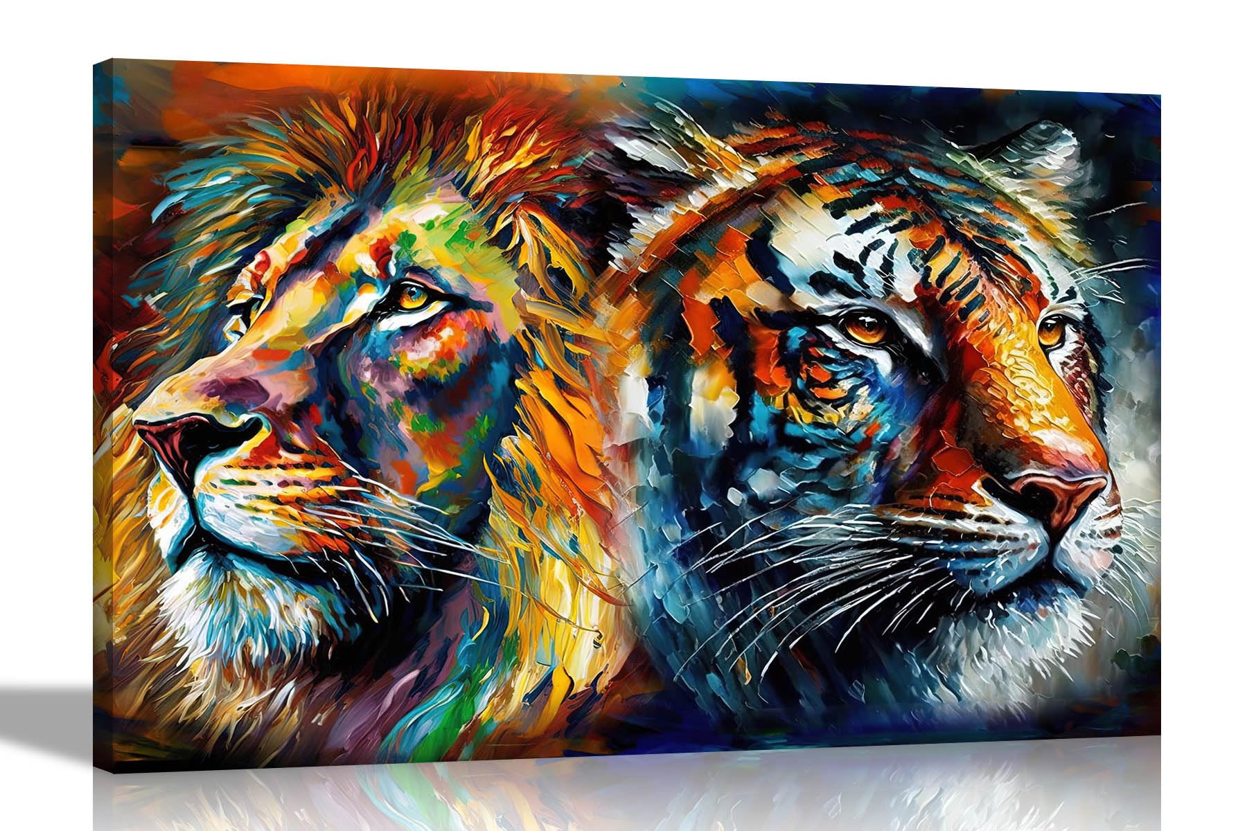 Artley Prints Lion Tiger Collage - Lion And Tiger Collage Colourful Canvas Pictures For Living Room - Wall Art For Bedroom, Hallway - Modern 51 X 35Cm (20 X 14 Inches)