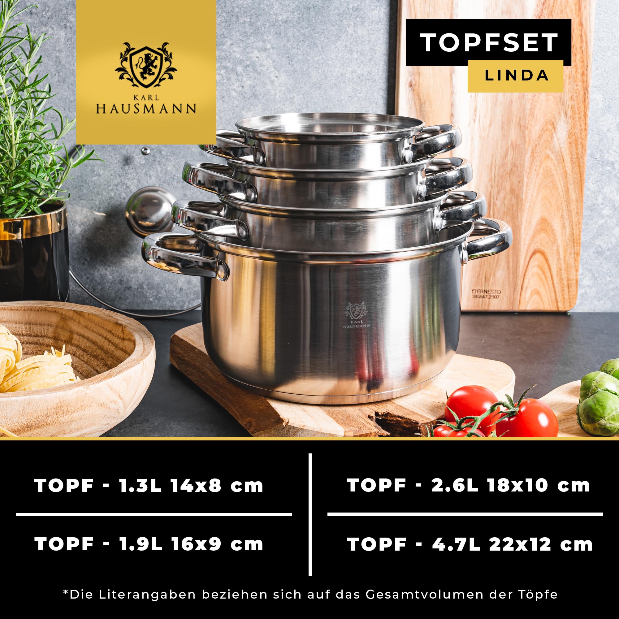 KARL HAUSMANN Topfset Induktion Edelstahl 4-Teilig - Kochtöpfe für Alle Herdarten - Kochtopf Set mit Glasdeckel - Töpfe mit Messskala - Topf Set - Kochtopfset - Topfsets - Pots - Induktionstöpfe