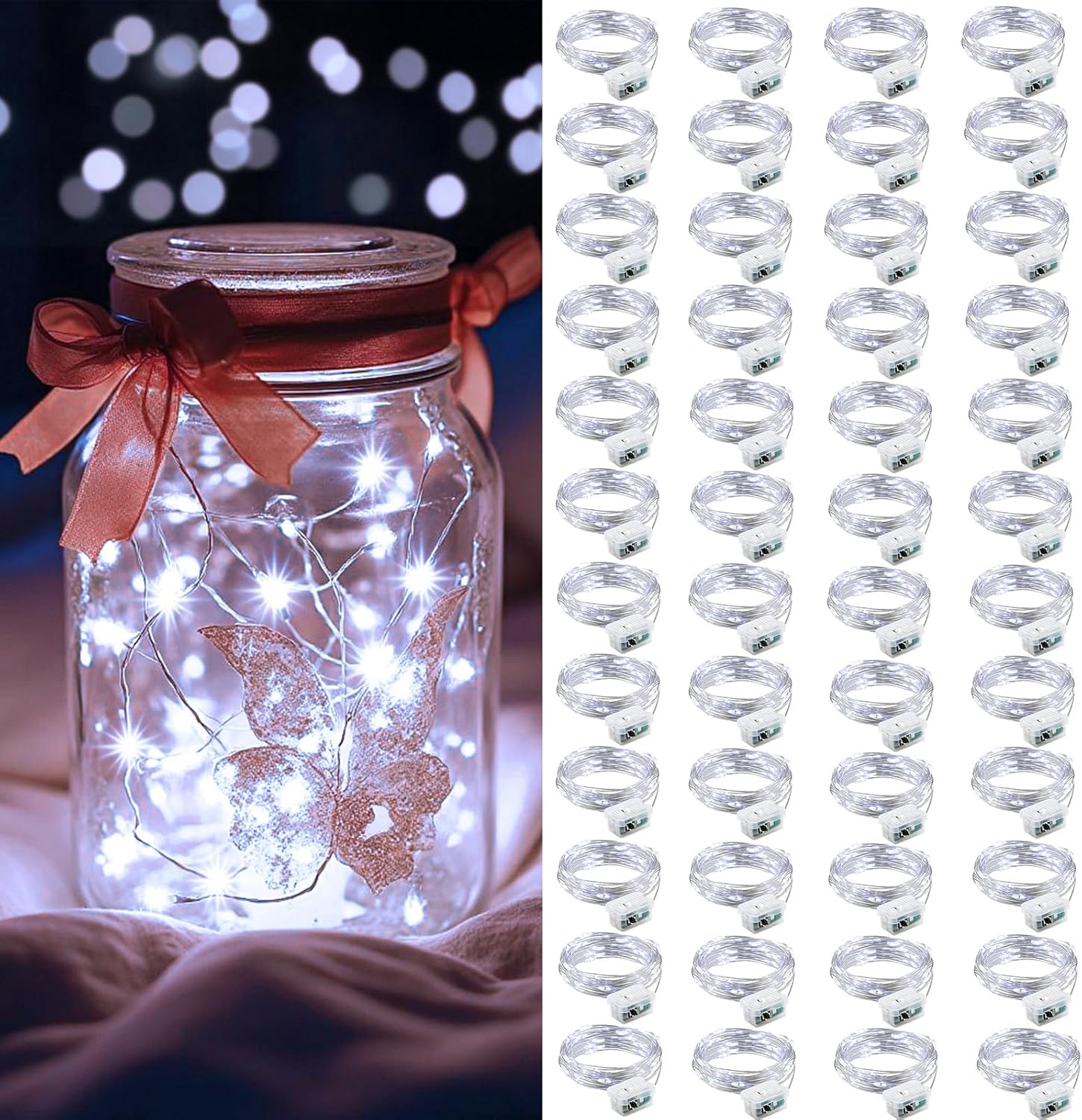 AIKEI 48 Pack LED Fairy Lights Battery Operated, Fairy String Lights Waterproof 7 Feet 20 Led Firefly Starry Lamps for Wedding Party Bedroom Garden Halloween Christmas Decoration White