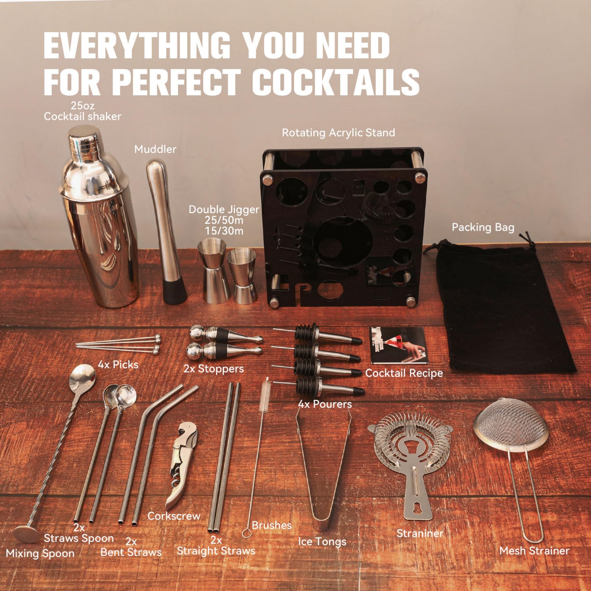 KINGROW Mixology Cocktail Shaker Set - Komplettes 29-teiliges Barkeeper-Set und Barwerkzeuge mit Acryl-Drehständer, Professionelles Bar-Set für Getränkemischen, Zuhause, Bar, Party