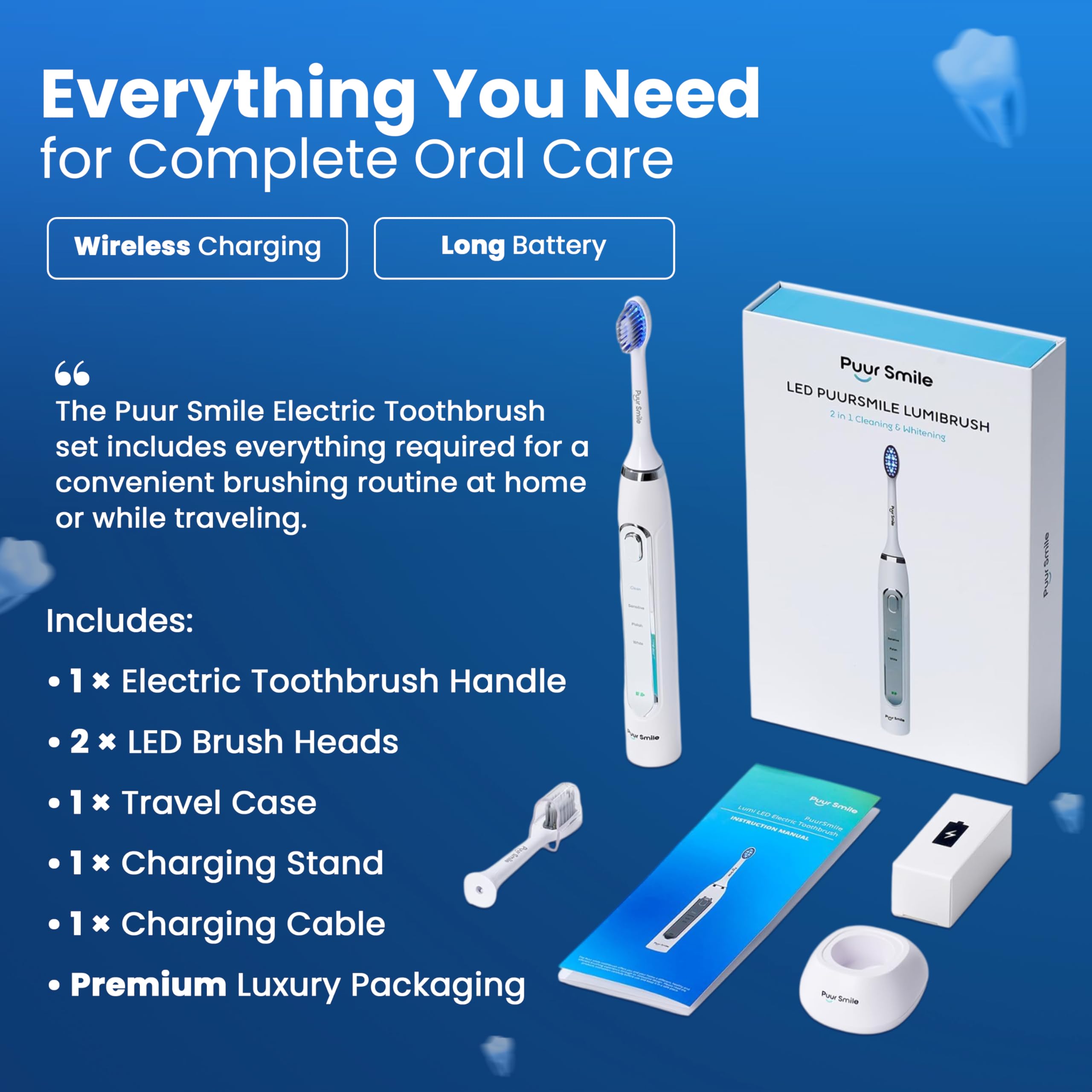 Puur Smile Spazzolino elettrico Lumi a LED, 2 testine (LED blu) per adulti, 4 modalità di pulizia con timer intelligente, impermeabile IPX7, batteria a lunga durata e base di ricarica wireless (bianco