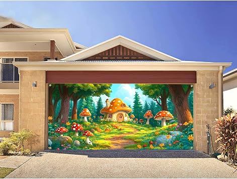 Cartoon Forest Garage Door Decorations Background Spring Fairytale Green Forest Village Wood Cabin Mushroom Flowers Wonderland Backdrop Baby Shower Kids Birthday Party Banner Cover 16X7FT