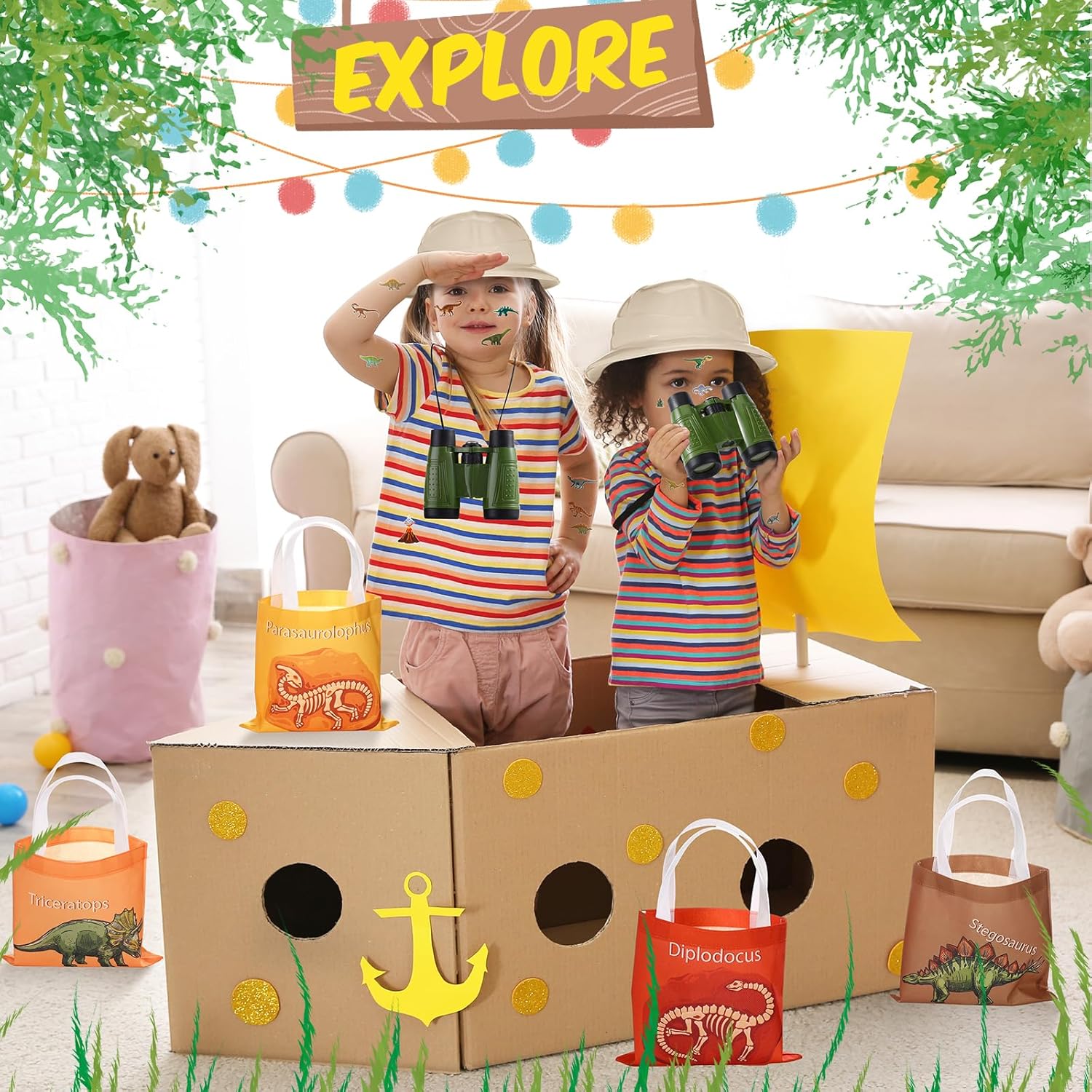 Haysandy 48 Pcs Kids Explorer Costume Set Include Plastic Kids Safari Hat Dinosaur Tote Bag Adventure Binoculars Dinosaur Stickers Jungle Party Supplies Favors for Outdoor Explorer Costume Activity