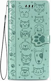 Hülle für Oppo A5 Pro 5G, Handyhülle Leder Flip Case Cover mit Silikon Bumper, Kartenfach, Magnet und Standfunktion [Katze Hund Muster] Schutzhülle Klapphülle, Grün