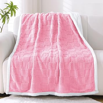 JML Sherpa Fleece Throw Blanket for Couch, Super Soft Checkered Decorative Bed Blanket, Lightweight Throw for Sofa Travel All Season Birthday Anniversary, 40x60 Inches, Pink