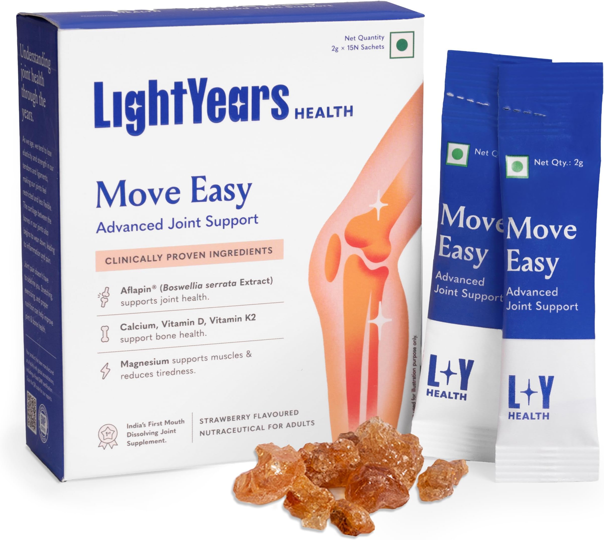 LightYears Move Easy | Advanced Joint Support Supplement | Clinically Proven Ingredients | Boswellia Serrata, Magnesium, Calcium, Vitamin D, Vitamin K2-7 | Mouth-Melting Powder | 15 Sachets
