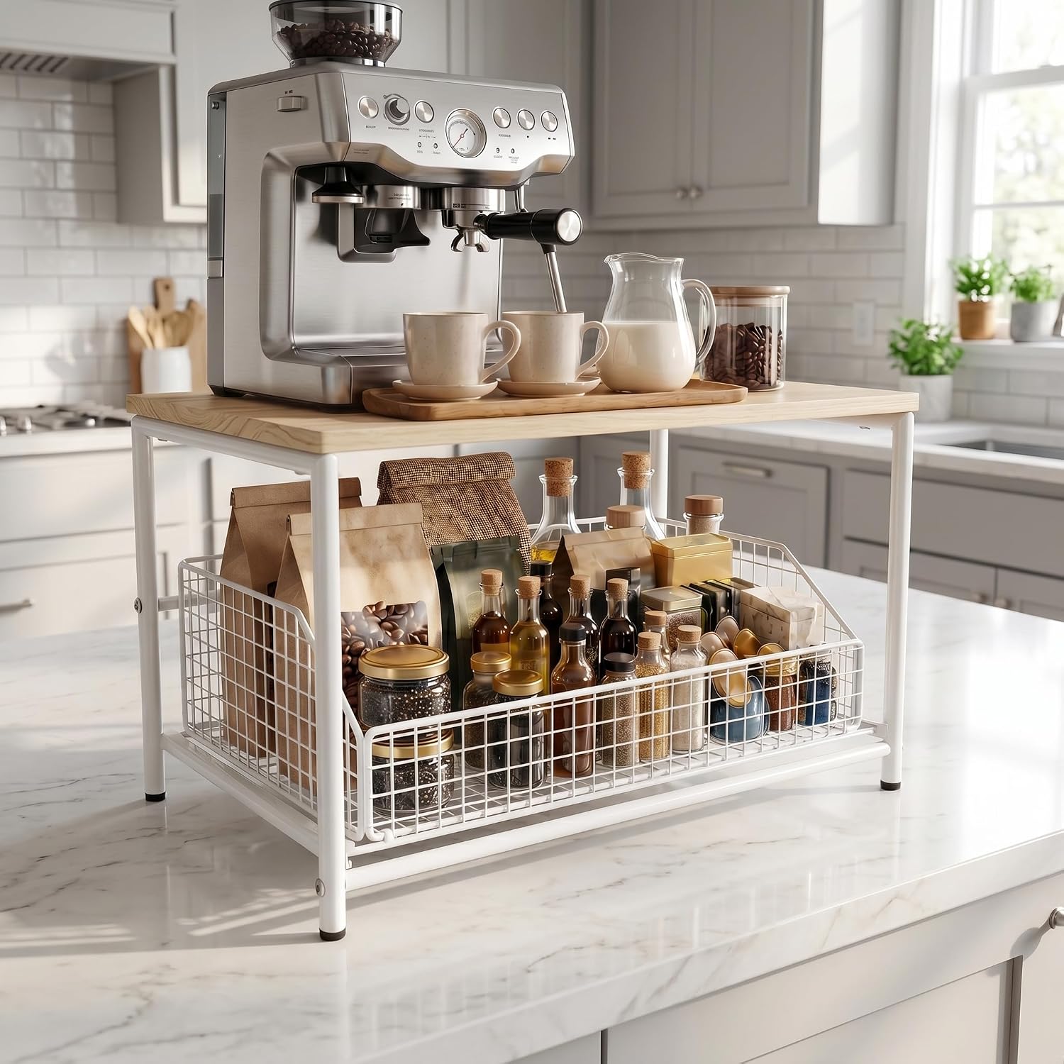 1Pc Kitchen Microwave Stand with Drawer - Space-Saving Counter Organizer with Metal Basket Drawer - Sturdy Hardwood & Metal 2-Tier Shelf for Coffee Maker, Dishes, Spices (White)
