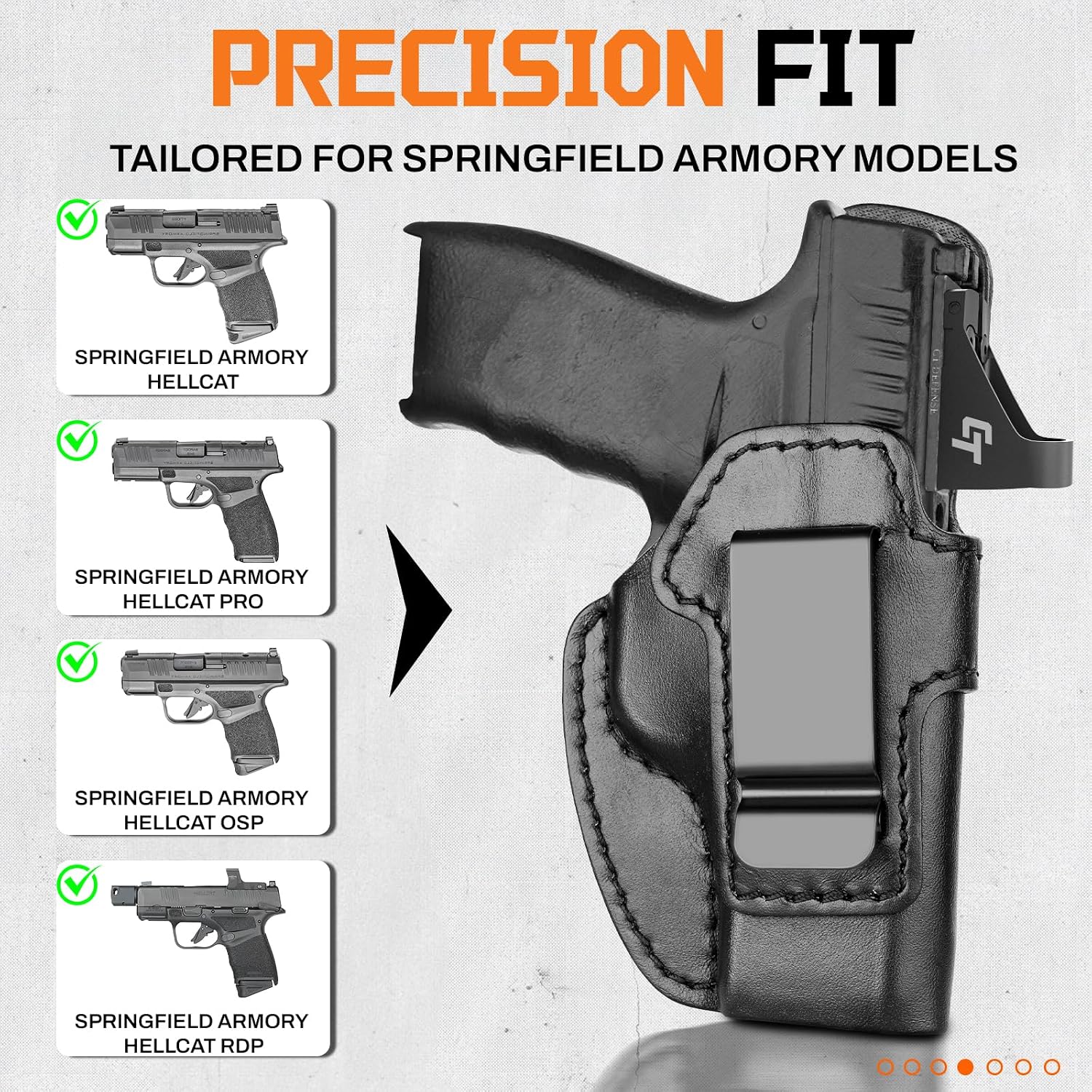 Premium IWB Leather Holster for Springfield Hellcat/OSP/RDP, Hellcat Pro, Optic-Ready Concealed Carry Holster, 1.75" Steel Clip, Hellcat Inside Waistband Holster, Stealth Black, Right/Left Hand