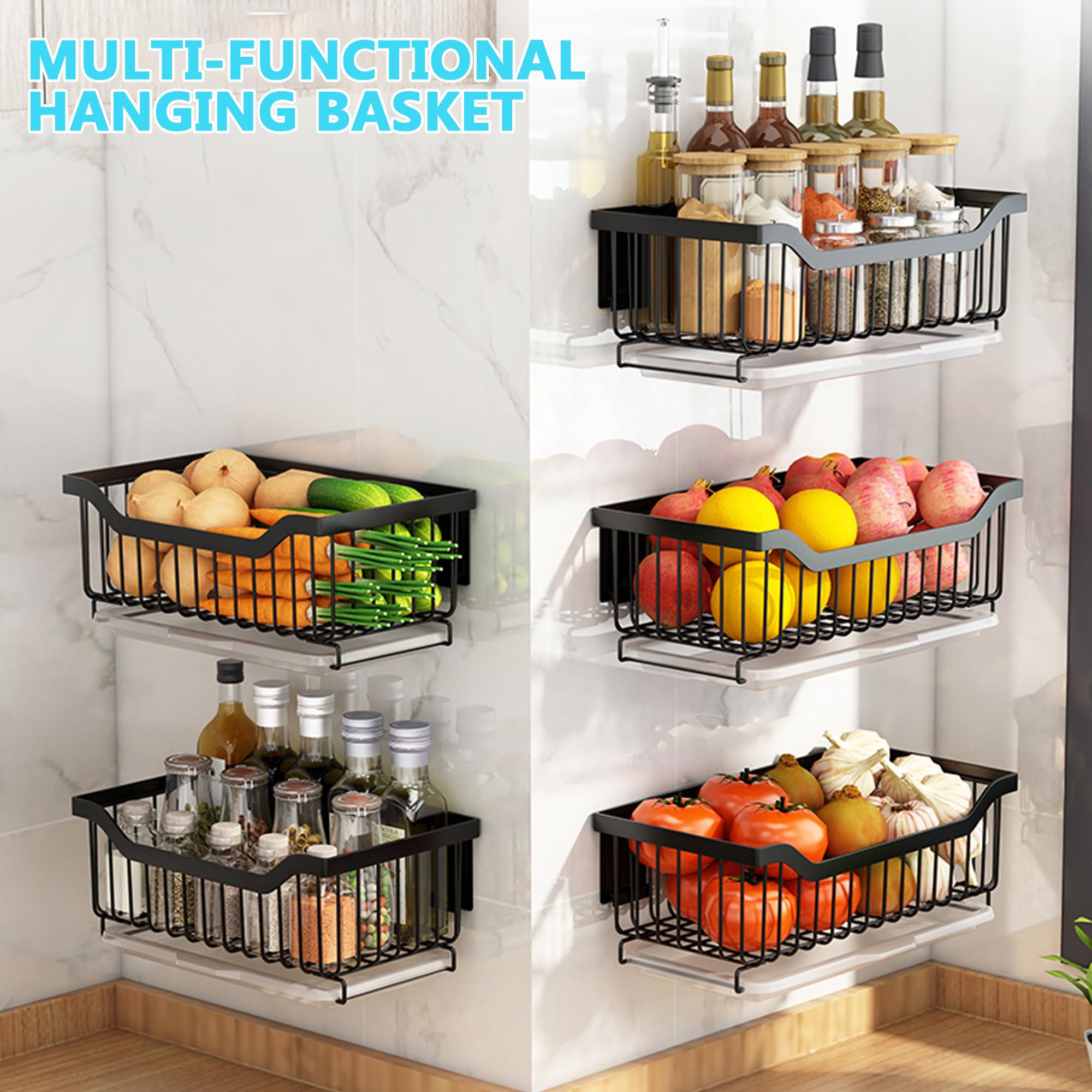 Krtresiar Wall Hanging Fruit Baskets for Kitchen, Fruit and Vegetable Storage with Drawable Tray, Wall Mounted & Counter Wire Basket for Bathroom, Living Room, Pantry (Black)