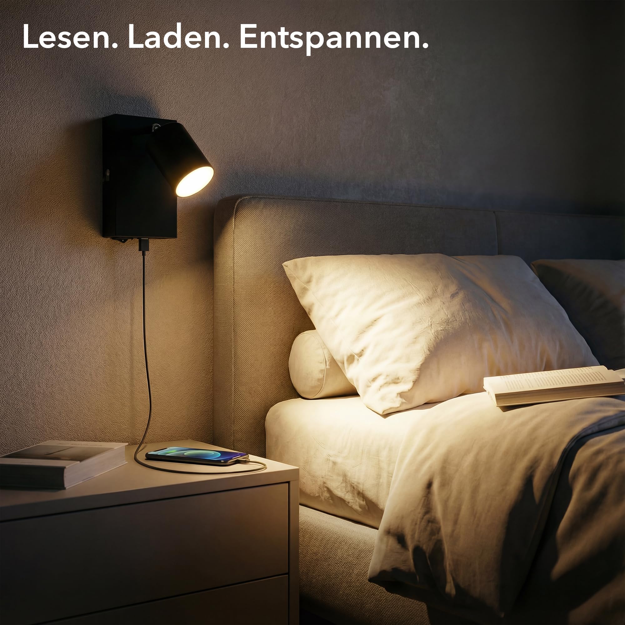 ledscom.de 2x Wandleuchte WAIKA, 1-flammig, schwarz, USB-C, USB-A, inkl. LED GU10 Lampe, 3-Stufen-Dimmer, 609lm, weiß