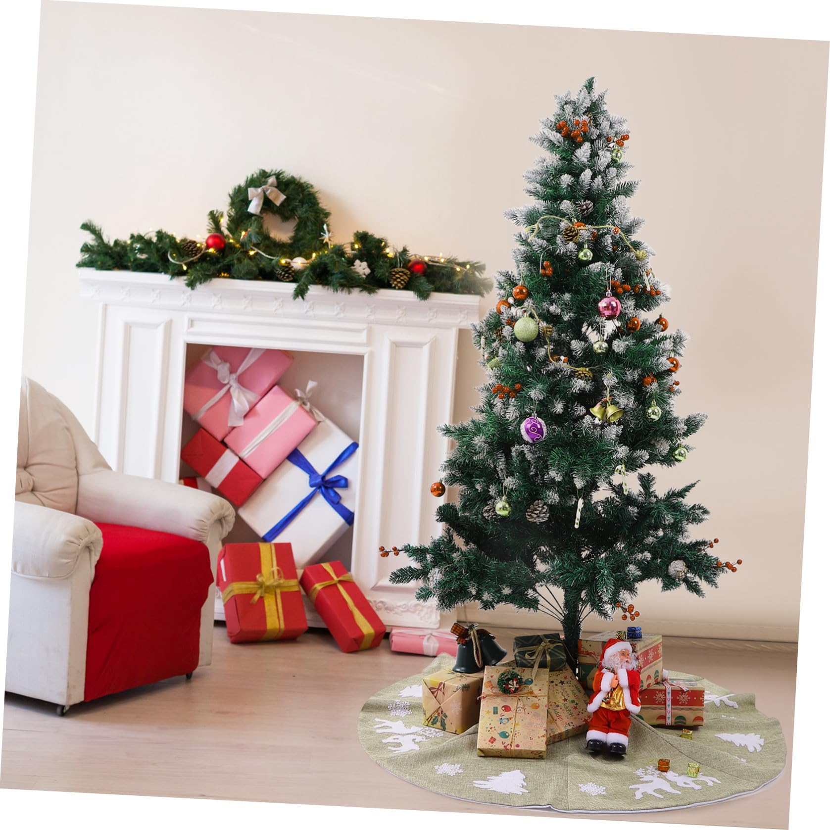 POPETPOP 1pièce Jupe de Sapin de Noël Tissu Épais avec Broderie Festive Cache-Pied Décoratif pour Intérieur Jupe de Noël avec Motifs Flocons et Cerfs Décoration Traditionnelle Élégante