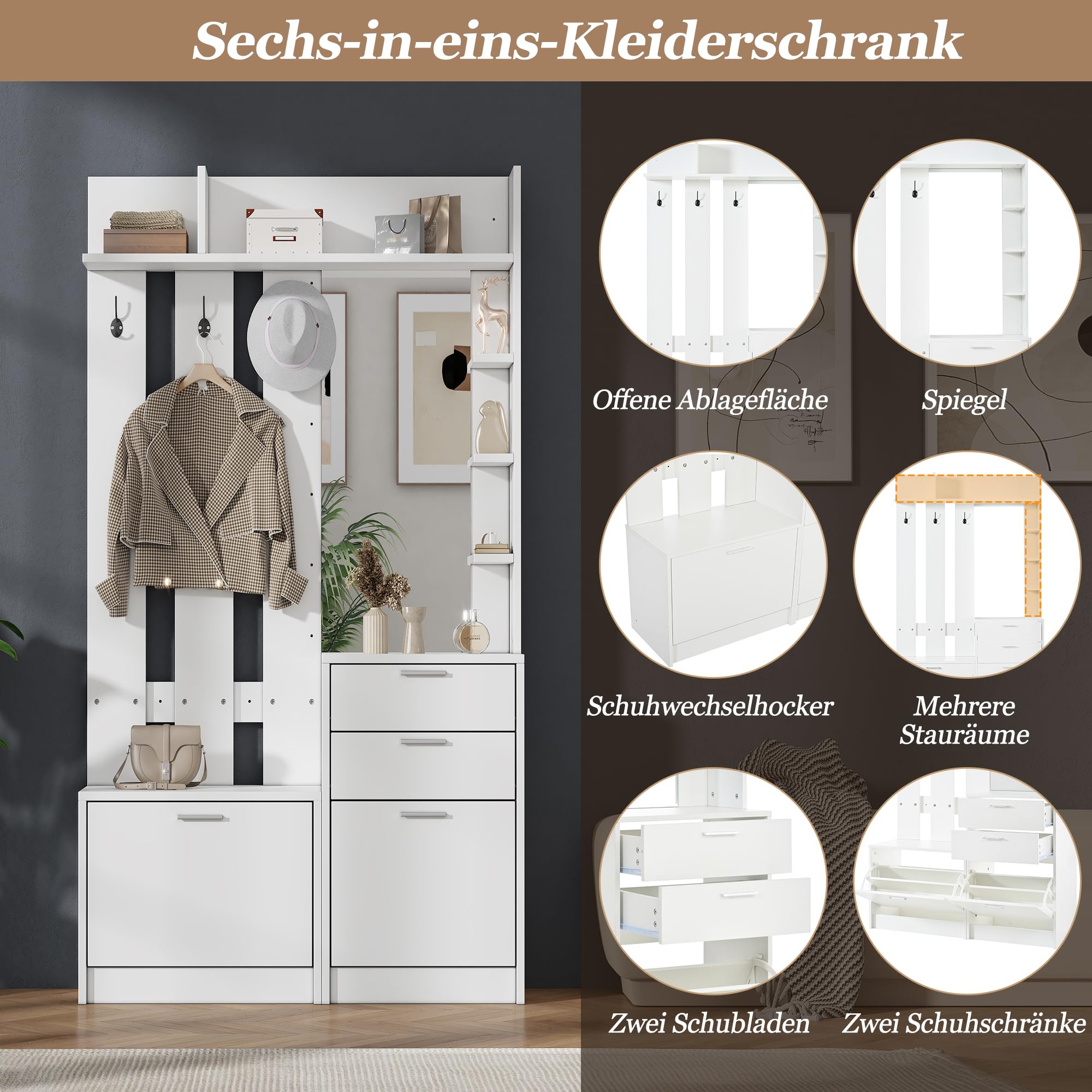 Garderobenset Wandgarderobe, Flurgarderobe Set mit Klapp Schuhschrank und Schuhbank, Flurgarderobe Kompaktgarderobe mit 2 Schubladen, Regalböden und 3 Haken, Flurmöbel Set, Weiß, 110x34x185cm