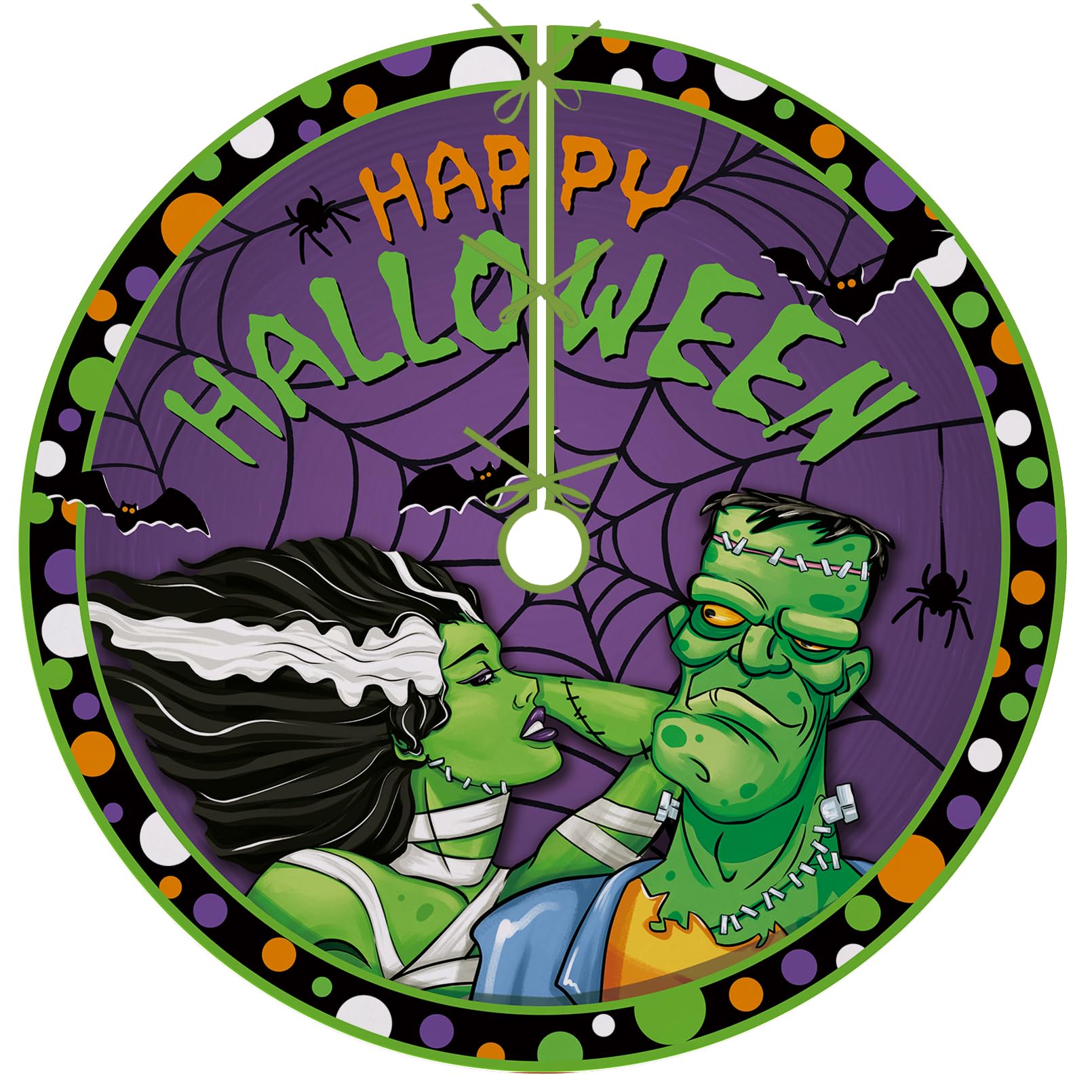 Happy Halloween Fran.Ken-Stein Christmas Tree Skirt 48 Inches Lace-up Spider Web Bat Tree Skirt, Funny Holiday Party Indoor Decoration Polka Dot Home Decor