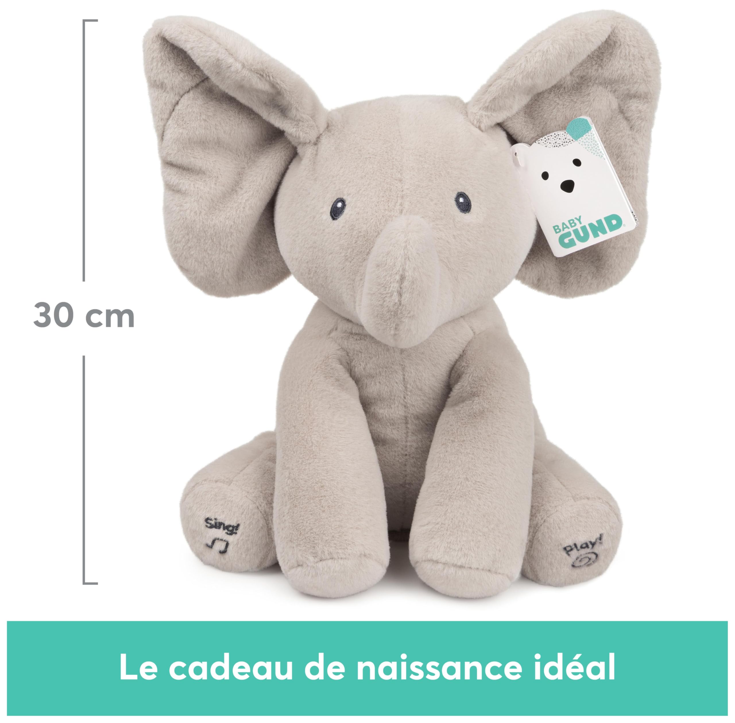 GUND - Flappy L'Éléphant - Peluche Interactive pour Bébé | Bouge Parle Et Chante En Français - Éveille Les Sens - Peluche Éléphant 30 Cm - Doudou Bébé - Piles - Jouet Bébé 1 An Et +