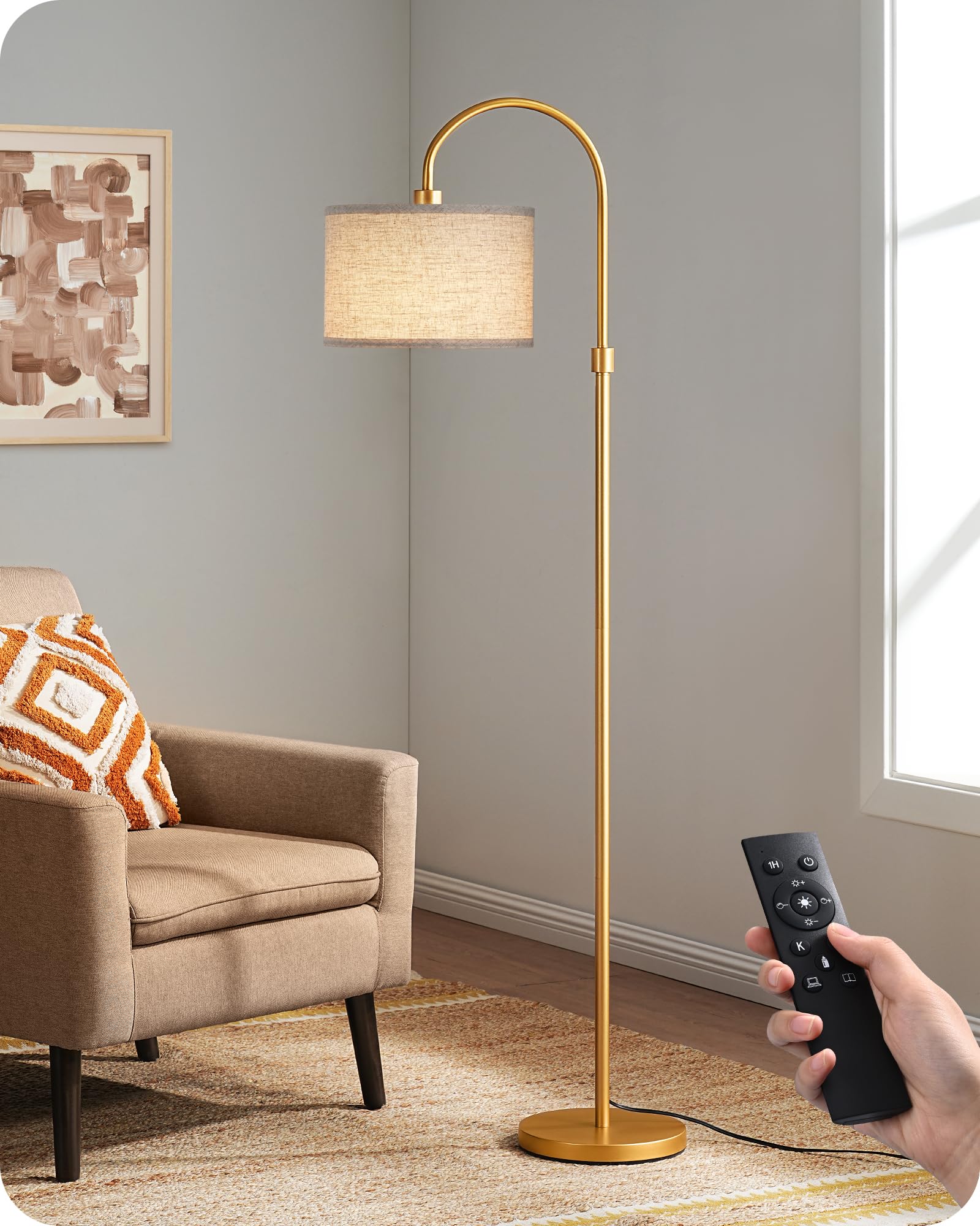 EDISHINE Modern Arc Floor Lamp with Remote, Dimmable Gold Floor Lamp, 3000K-6500K Color Temperatures, Tall Pole Reading Floor Lamps for Living Room Bedroom Office, Footswitch, LED Bulb Included