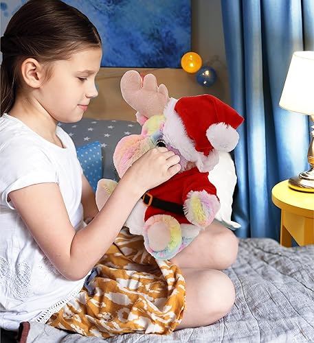 Miniatura 7 de DolliBu Juguete de peluche de alce arcoíris de Papá Noel, súper suave, vestido con traje de Papá Noel rojo, lindo regalo de alce, vacaciones