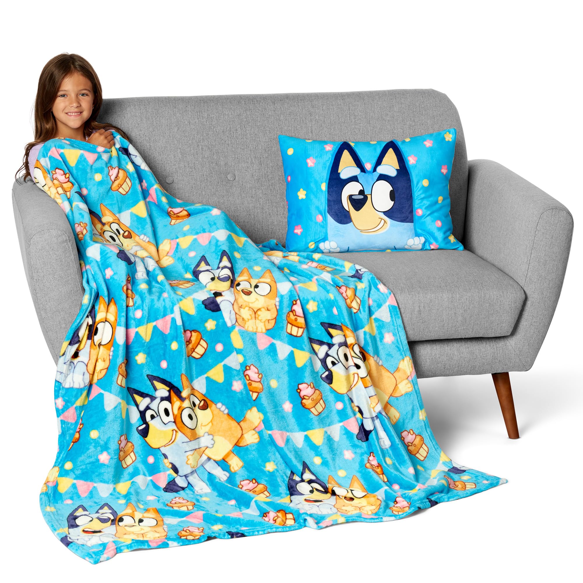 NORTHWEST Bluey Party Pups Silk Touch Throw Blanket 50 x 60 Inches with Plush Pocket Pillow 14 x 20 Inches - Comfy & Cozy Bluey Blanket & Pillow Set for Boys and Girls