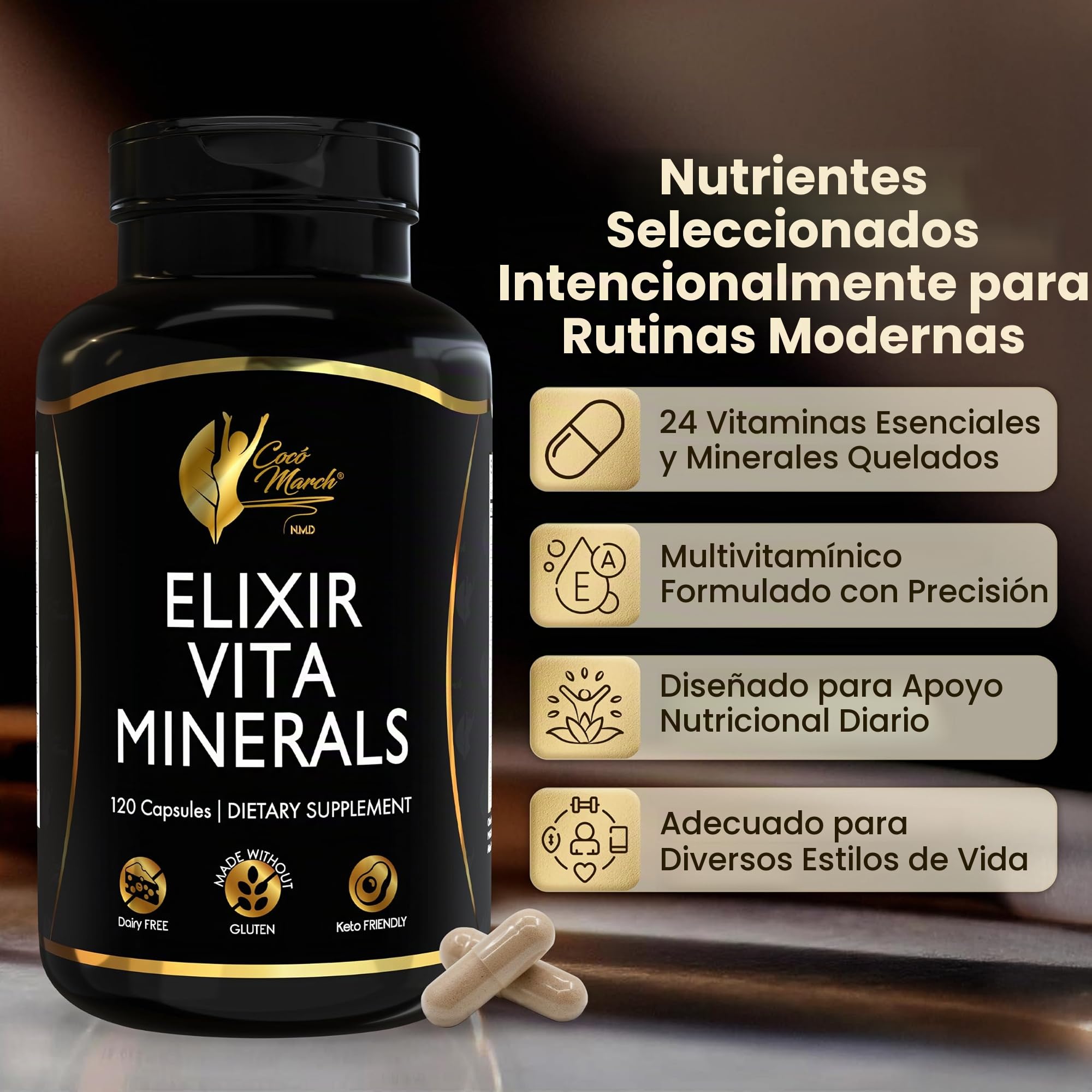 Cocó March N.M.D Elixir Vita Minerals De Alta Potencia - 24 Vitaminas Y Minerales Esenciales - Sin Gluten, Sin Lácteos, Apto Para Dieta Keto, Sin Soja, 120 Cápsulas