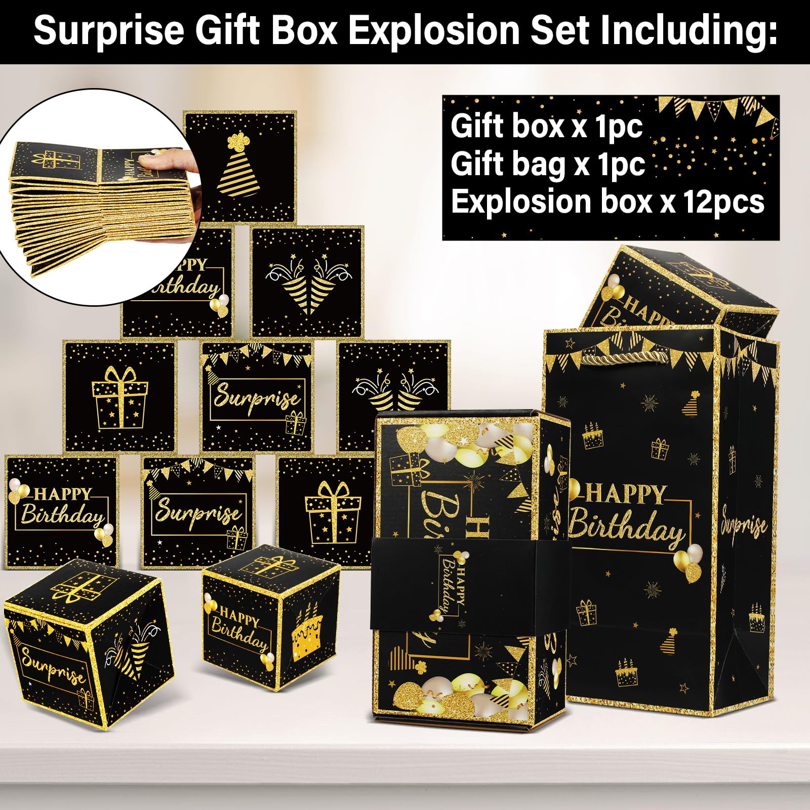 Jacyan Birthday Surprise Gift Box Explosion for Money, Exploding Money Gift Box for Cash Pop up Birthday Money Explosion Box Surprise Party Gift 12 Folding Bounce Boxes for Men Women Kids, Black Gold
