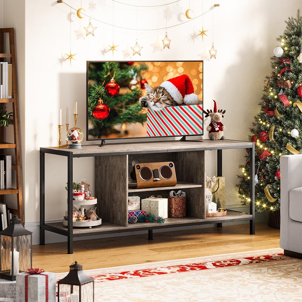 Gizoon TV Stand for TVs up to 65 Inch,Entertainment Center with Open Storage Shelves,TV Media Console Table for Living Room and Bedroom, Gray