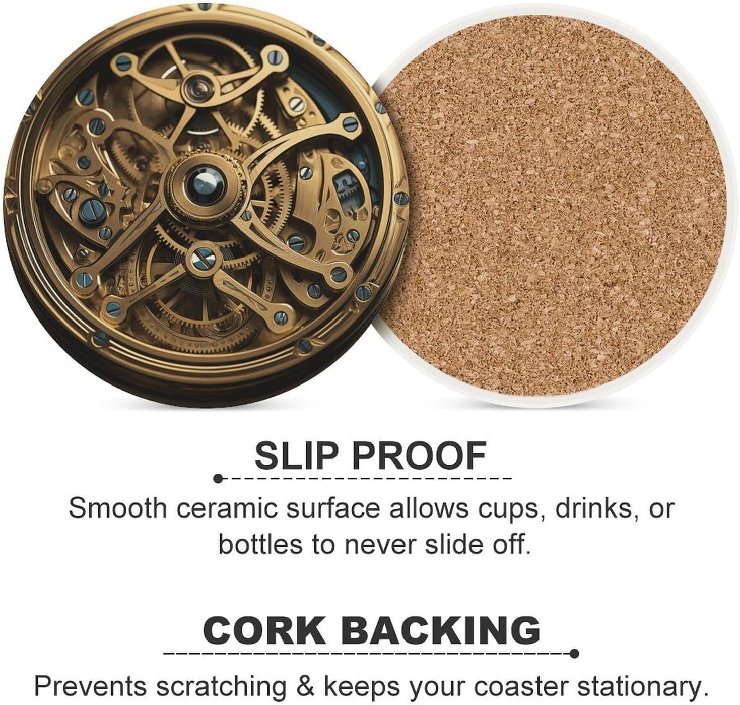 6PCS Cool Steampunk Gears Coasters Non-Slip Round Drink Coasters with Ceramic Stone and Cork Base, Heat Resistant Absorbent 33.00Stone Coaster Set for Kinds of Mugs and Cups, 4 Inch