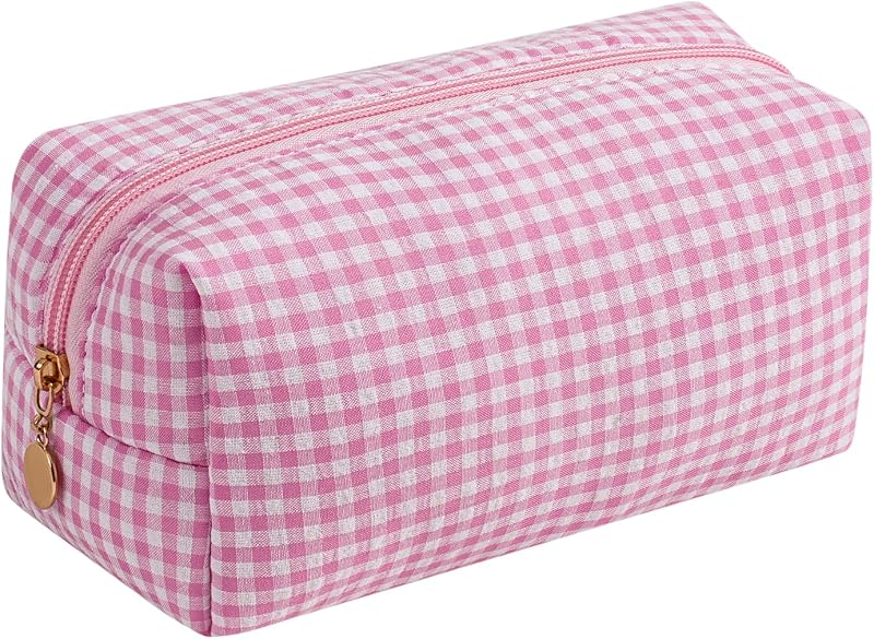 Necessaire de maquiagem JOVAKIT rosa com estampa xadrez, zíper e bolso externo