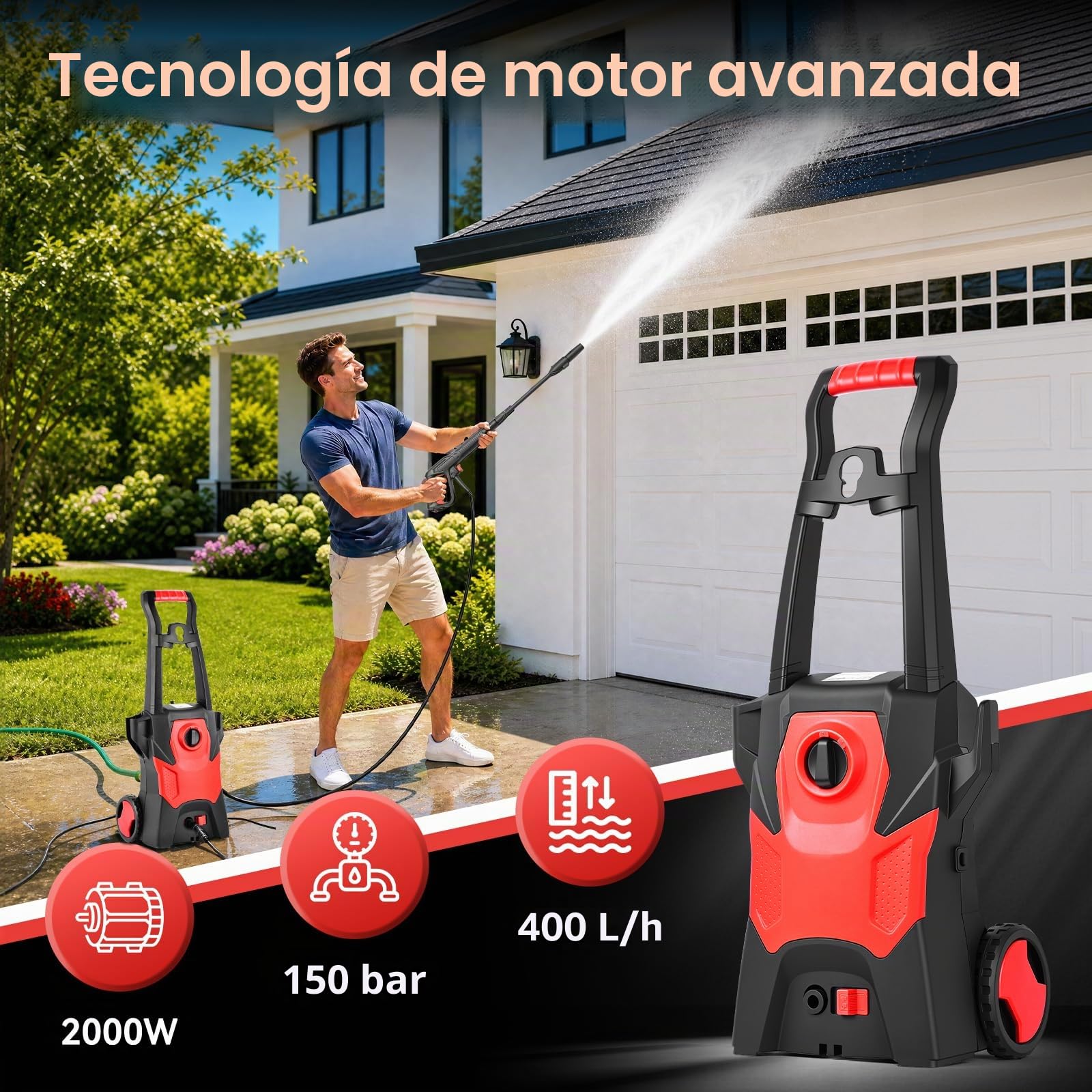 2000W Hidrolimpiadora de Alta Presion,Max150 Bar Hidrolimpiadora de Alta Presion Portátil con Cañón de Espuma y Manguera de 10M,con Estante Superior, Incluye Cepillo para Coche,