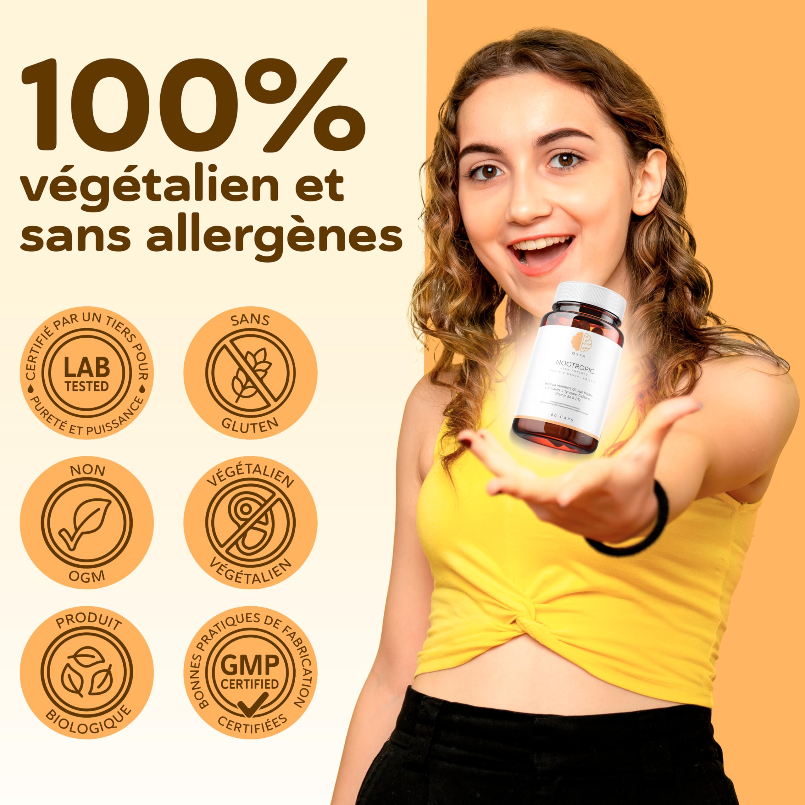Nootropic – Formule Avancée pour le Soutien Cognitif avec Bacopa, Ginkgo, Tyrosine, Théanine, Caféine, B6 & B12