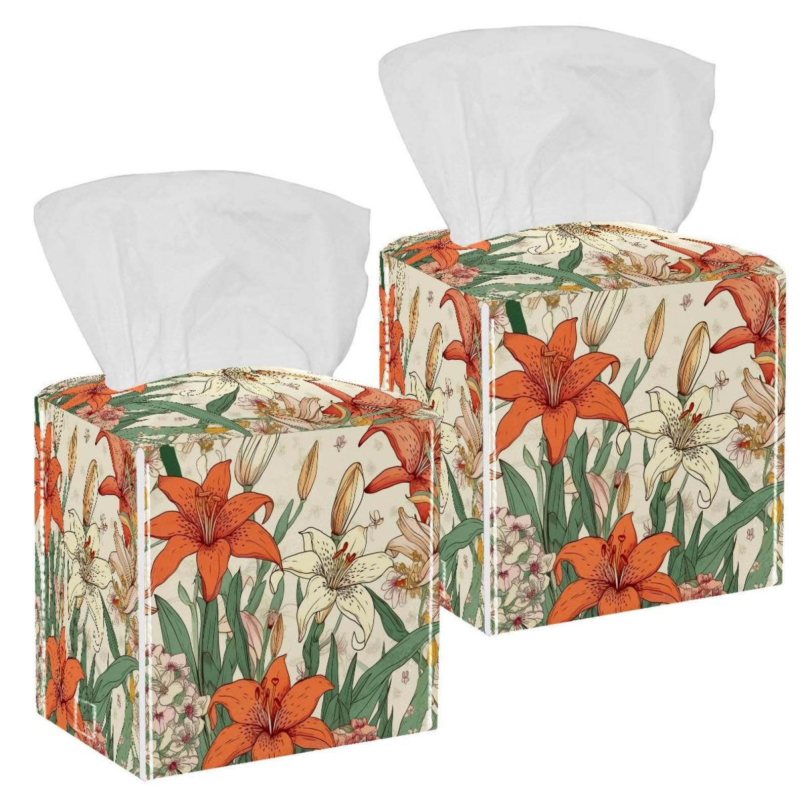 Cartoon Watercolor Lilies Tissue Box Cover, 2 Pack PU Leather Square Facial Tissue Dispenser Box holder for Home Office Car