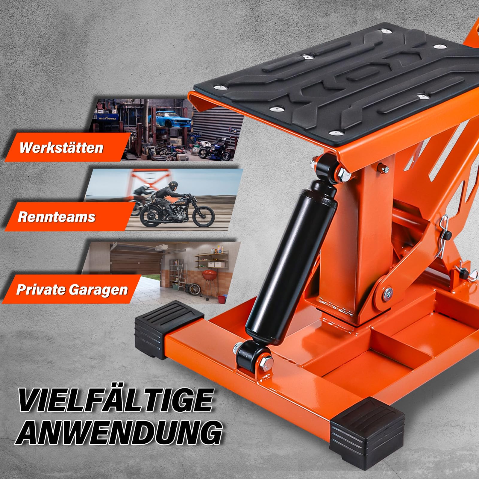 Motorradhebebühne 400 kg mit 3 Werkzeugablagen und Fußpedal Hydraulisch | 4-fach höhenverstellbar für Wartung, Reifenwechsel und Reparaturen in Garage und Werkstatt