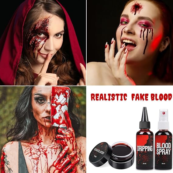 Halloween Makeup Kit, Scar Wax SFX Makeup Kit Fake Blood Set, Kit Includes Scar Wax, 6 Colors Bruise Face Body Paint Crayon, Fake Blood Spray+Dripping+Coagulated Gel, Spatula Sponges Tool (Set A)