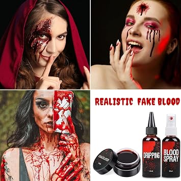 Halloween Makeup Kit, Scar Wax SFX Makeup Kit Fake Blood Set, Kit Includes Scar Wax, 6 Colors Bruise Face Body Paint Crayon, Fake Blood Spray+Dripping+Coagulated Gel, Spatula Sponges Tool (Set A)