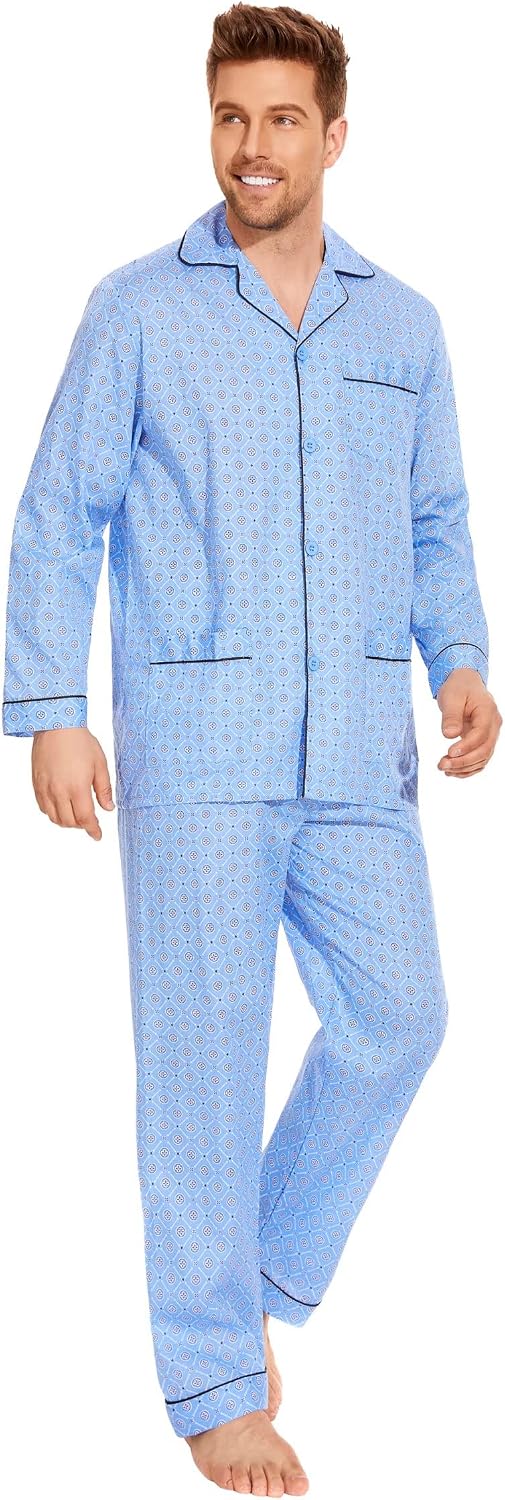 Amaxer Men's 100% Cotton Pajama Set Long Sleeves Pjs Elastic High Waist Sleepwear