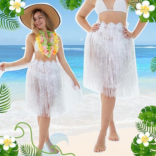 Miniatura 6 de 6 faldas hawaianas de hierba de Luau Hula de 24 pulgadas, vestido de Luau hawaiano blanco para boda, vestido hawaiano Luau elástico con flores de