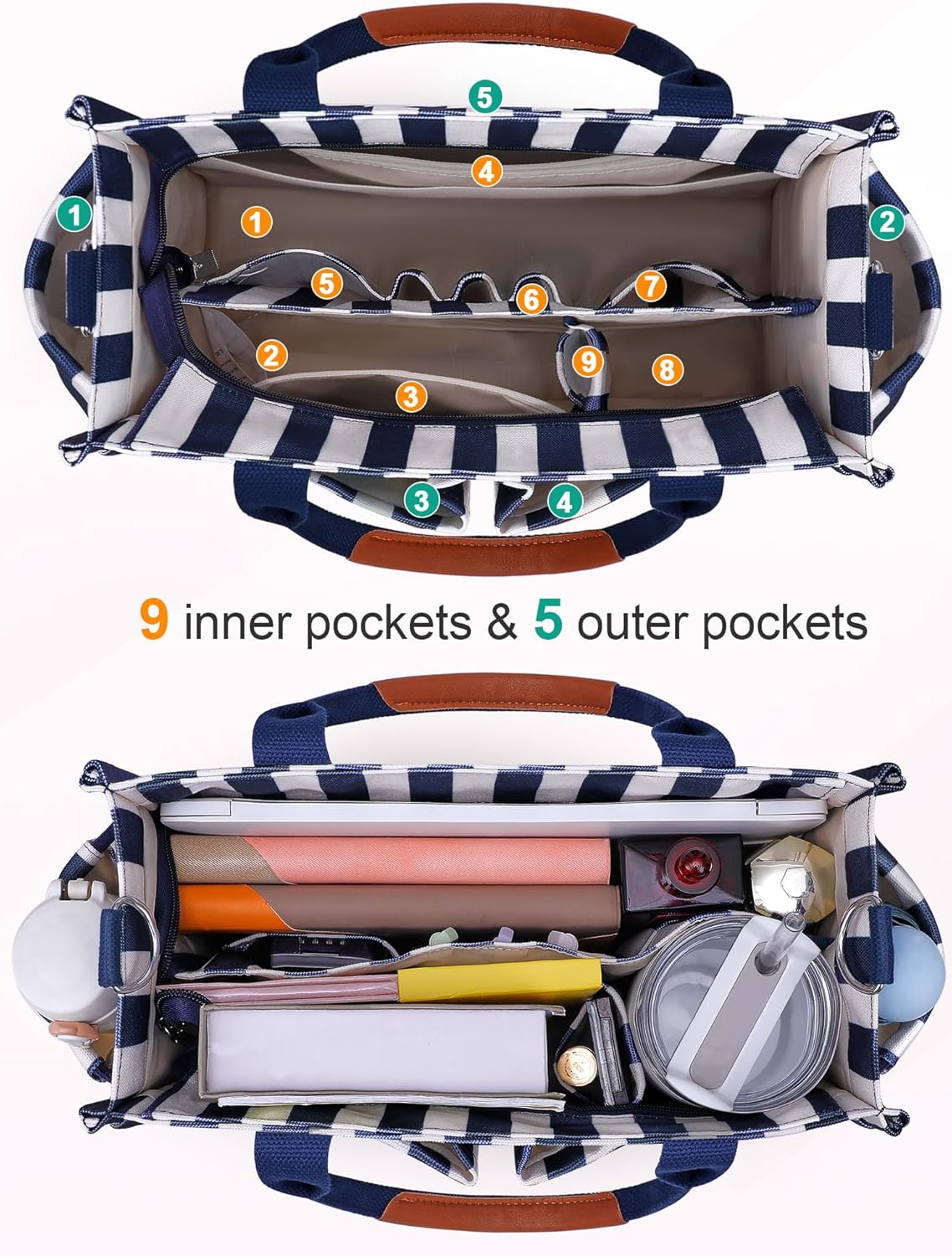 FIORETTO Womens Canvas Tote Bag Purse with Individual Compartment, Zipper Top, Reinforced Bottom & Luggage Sleeve - Image 4